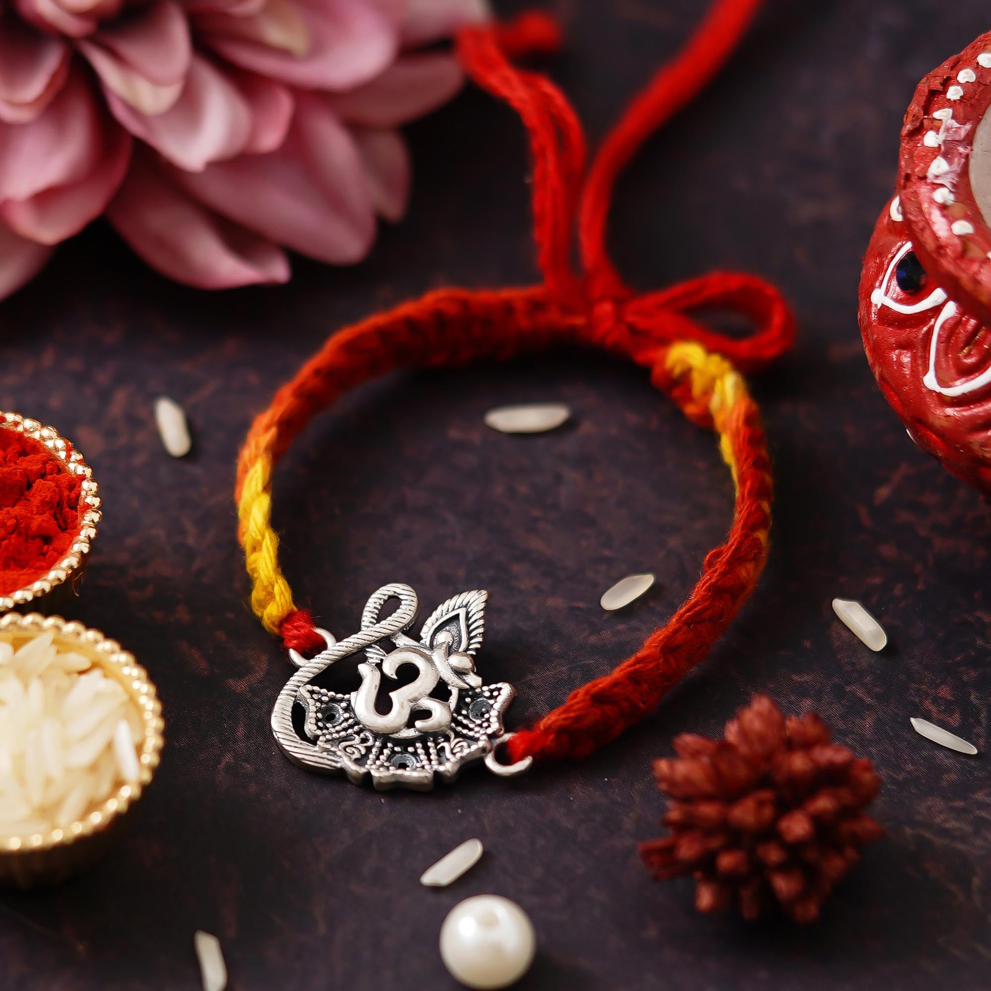 Peacock Feather Om Designer 925 Sterling Silver Rakhi for Brother with Roli Chawal Pack 1