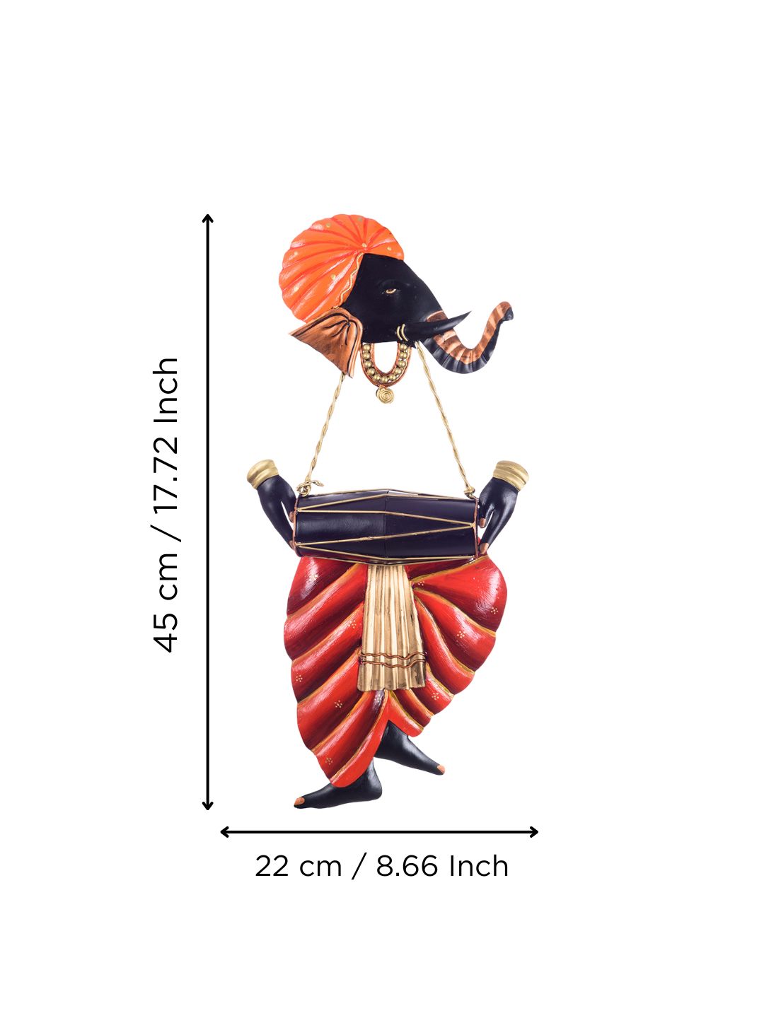 Orange and Black Wrought Iron Lord Ganesha Playing Dholak Wall Hanging 3