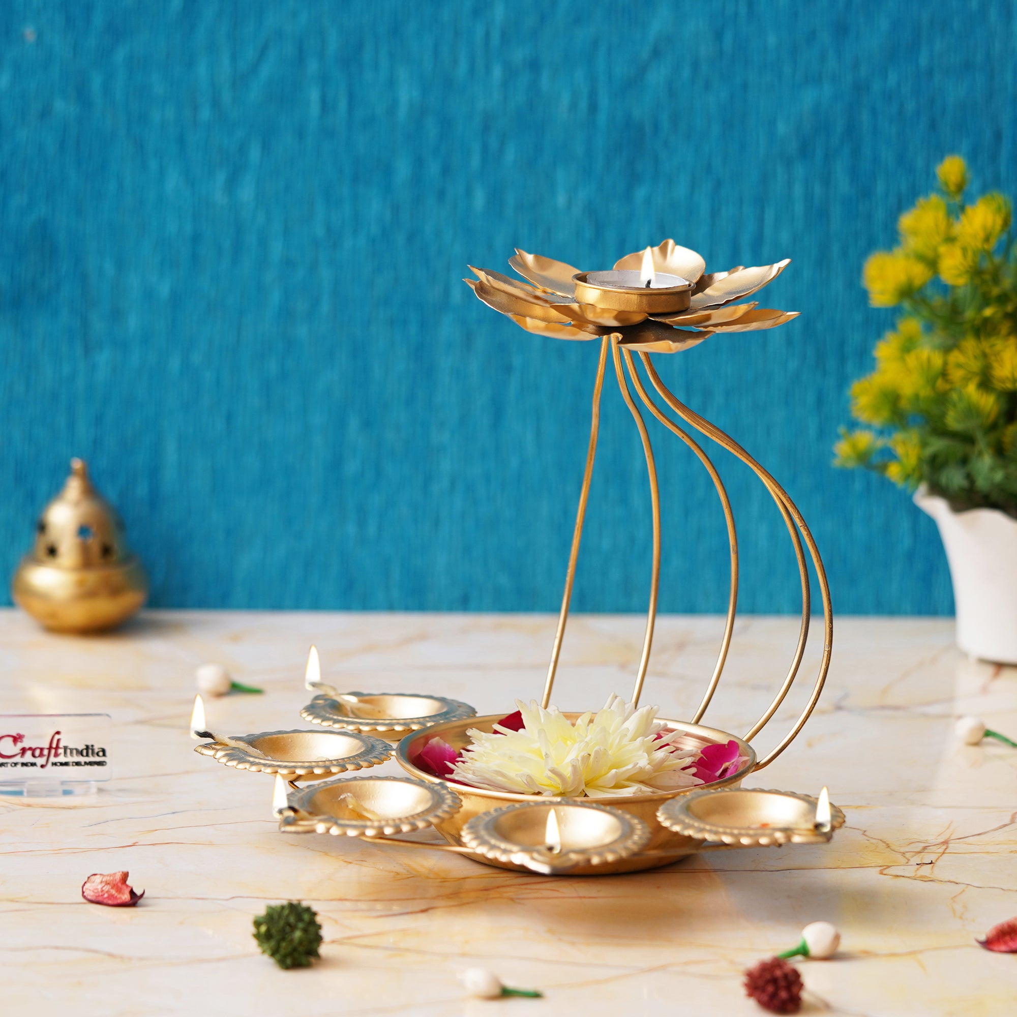 Golden Metal Handcrafted Lotus Shaped Decorative Urli with Tea Light Candle Holder