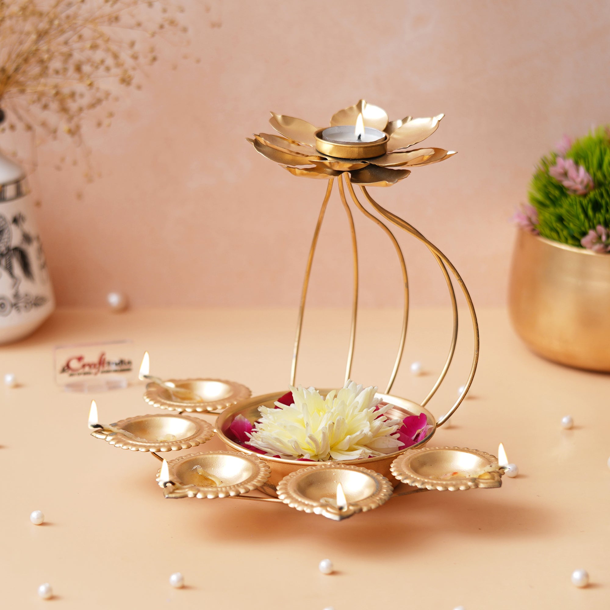 Golden Metal Handcrafted Lotus Shaped Decorative Urli with Tea Light Candle Holder 4