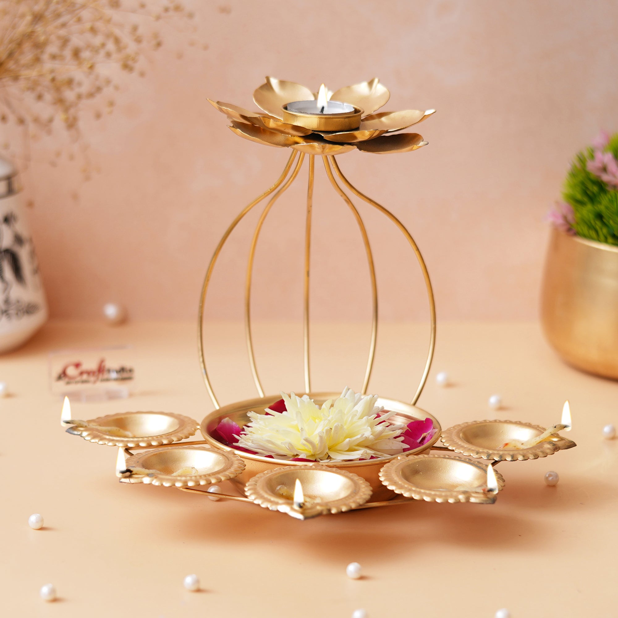 Golden Metal Handcrafted Lotus Shaped Decorative Urli with Tea Light Candle Holder 5