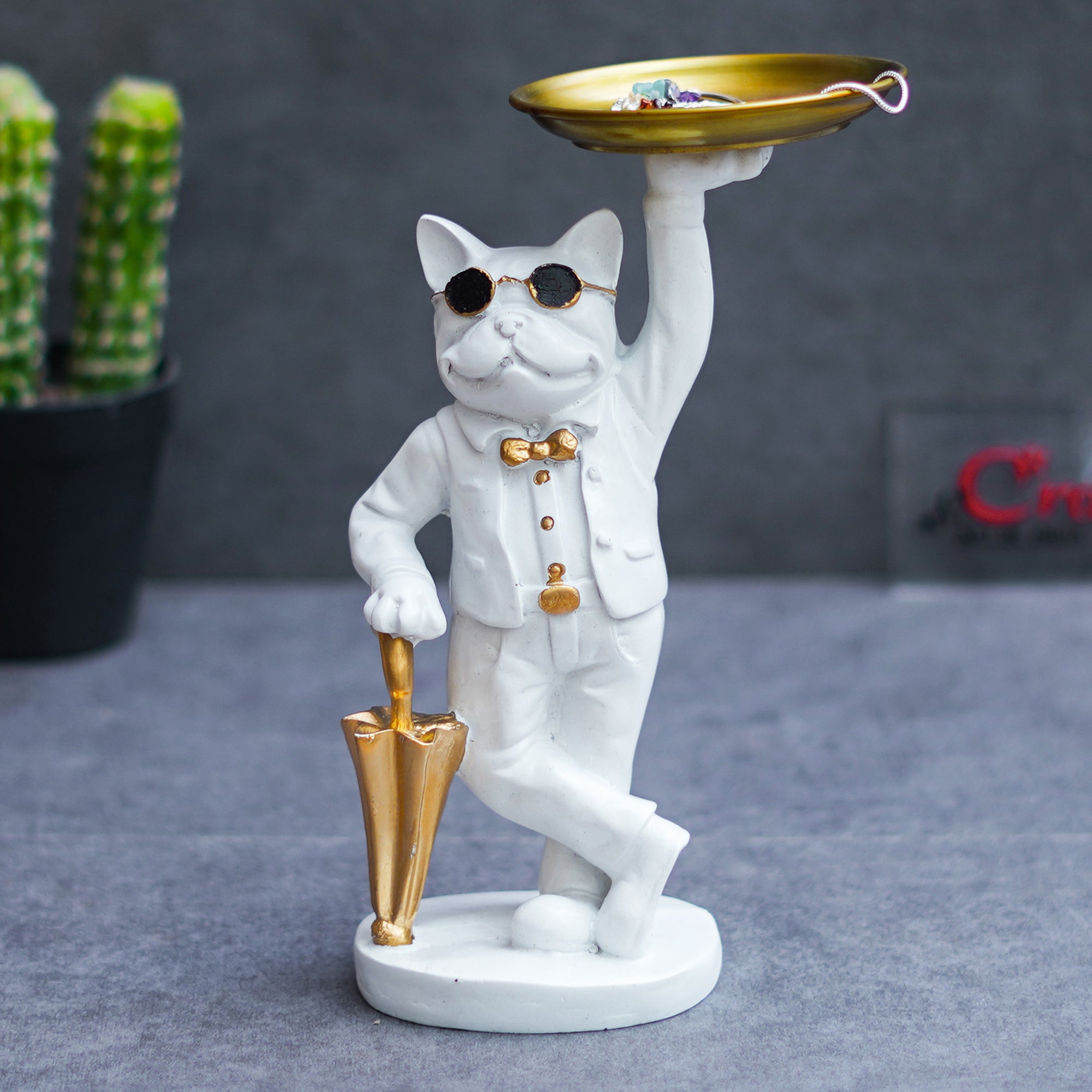 White Bulldog Statue in Glasses Holding Golden Umbrella and Tray in Hands Table Top Decorative Showpiece 1
