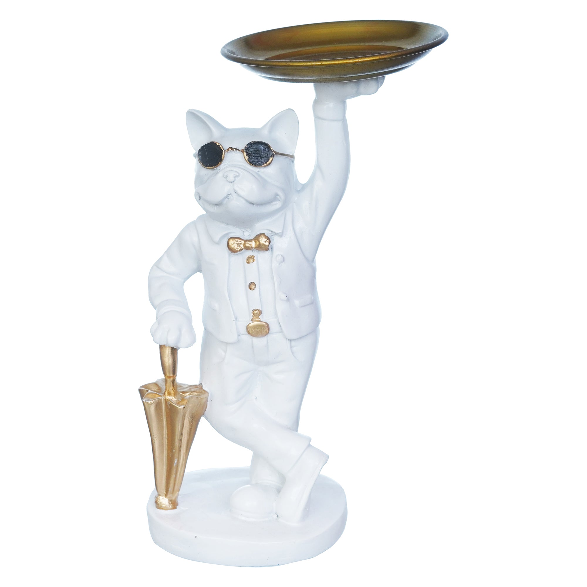 White Bulldog Statue in Glasses Holding Golden Umbrella and Tray in Hands Table Top Decorative Showpiece 2