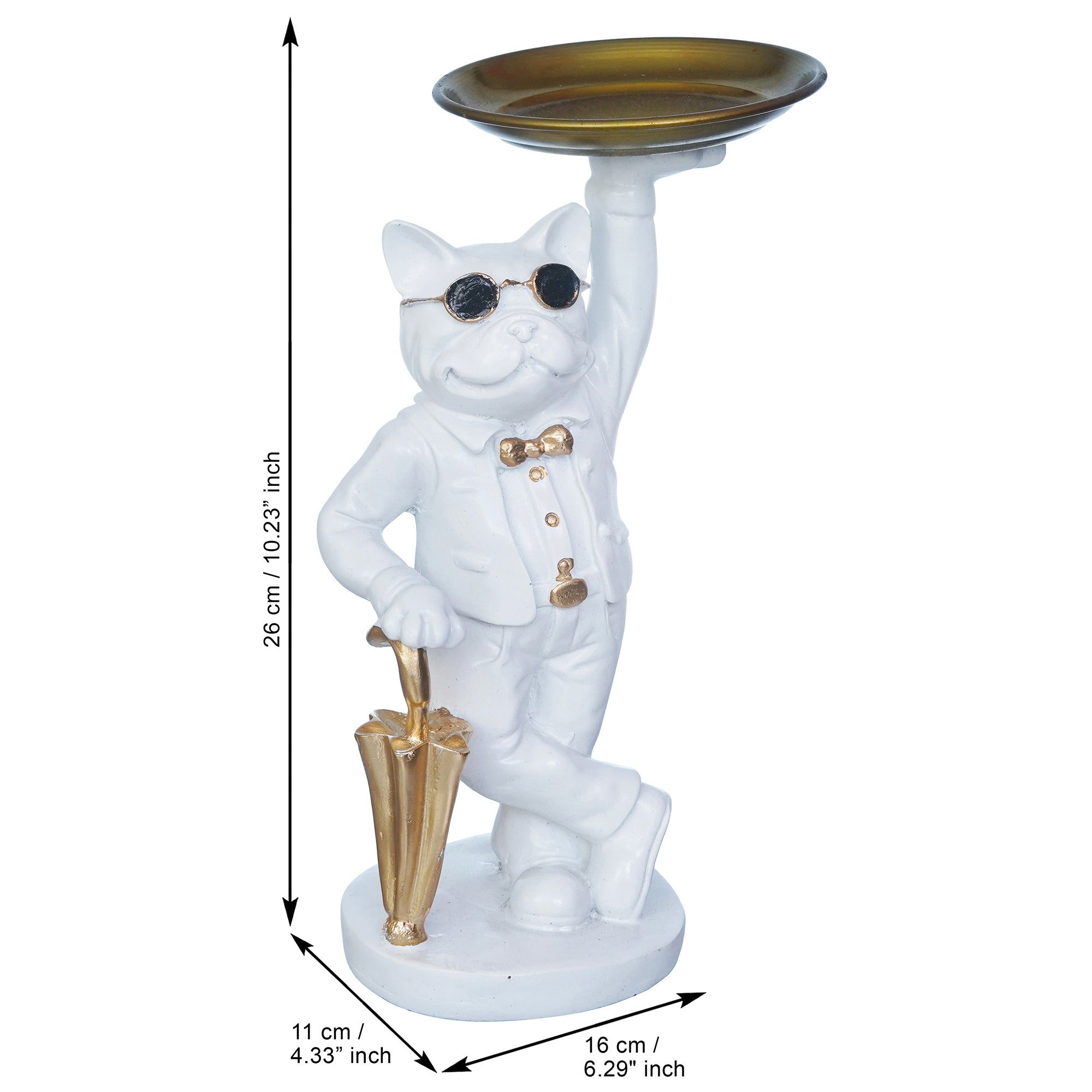 White Bulldog Statue in Glasses Holding Golden Umbrella and Tray in Hands Table Top Decorative Showpiece 3
