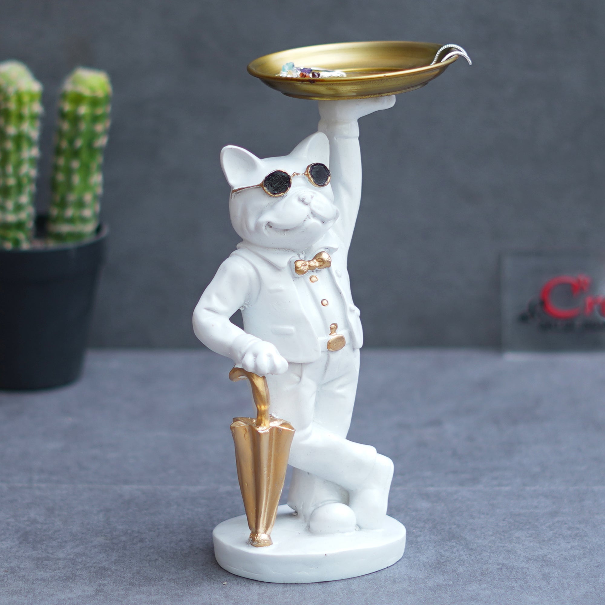 White Bulldog Statue in Glasses Holding Golden Umbrella and Tray in Hands Table Top Decorative Showpiece 4