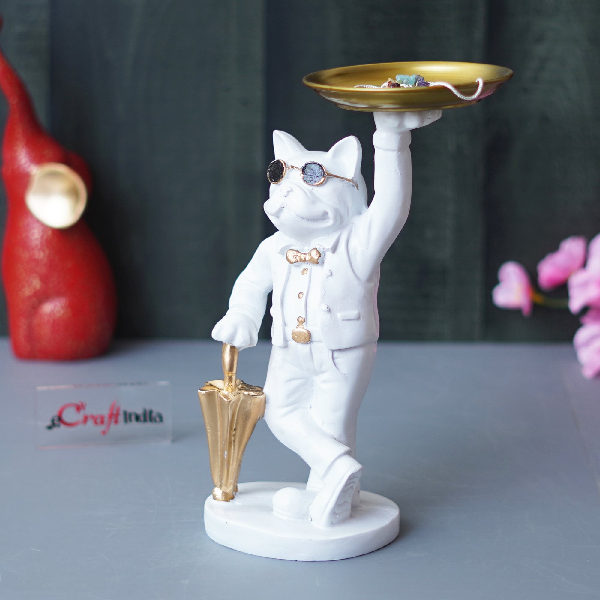White Bulldog Statue in Glasses Holding Golden Umbrella and Tray in Hands Table Top Decorative Showpiece 5