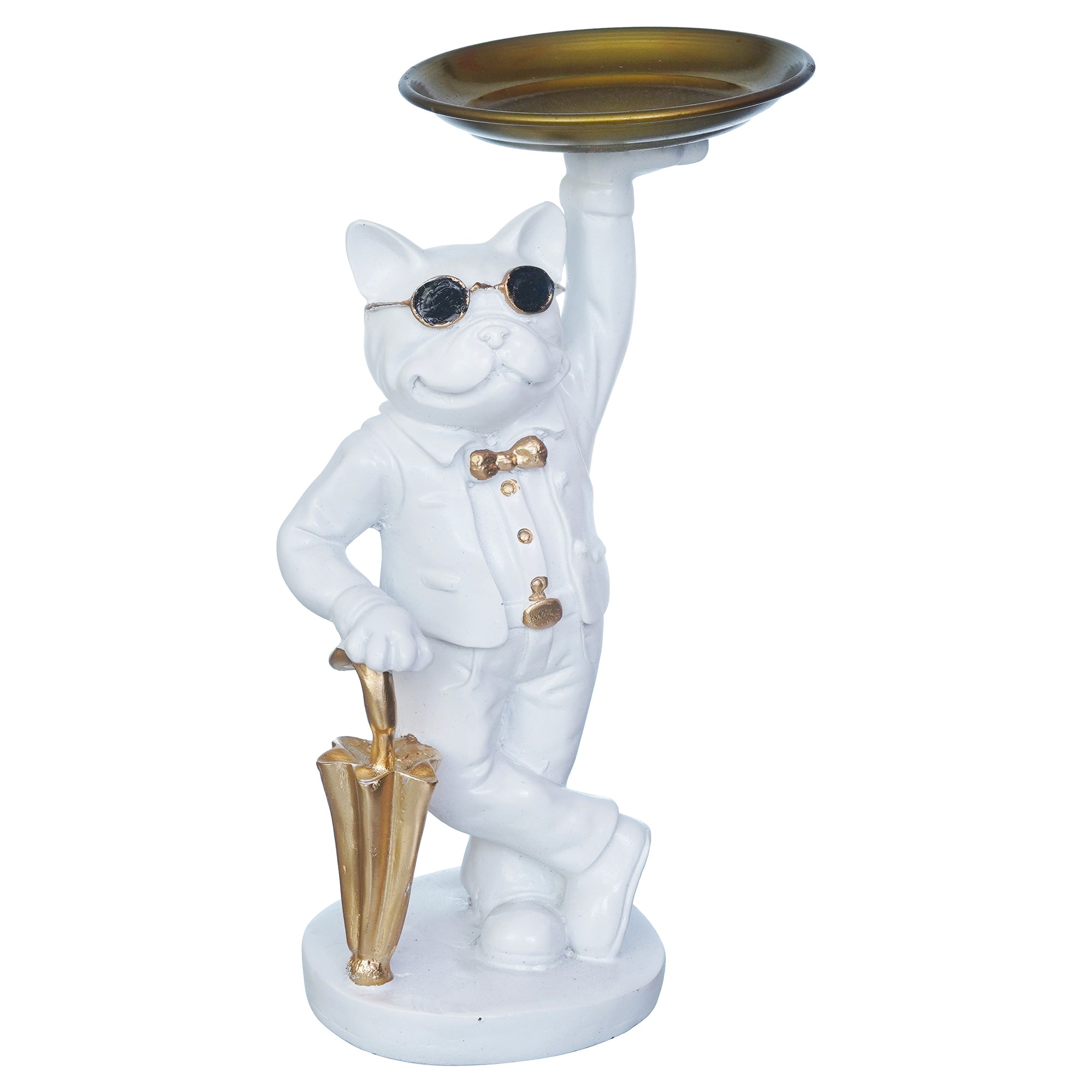 White Bulldog Statue in Glasses Holding Golden Umbrella and Tray in Hands Table Top Decorative Showpiece 6