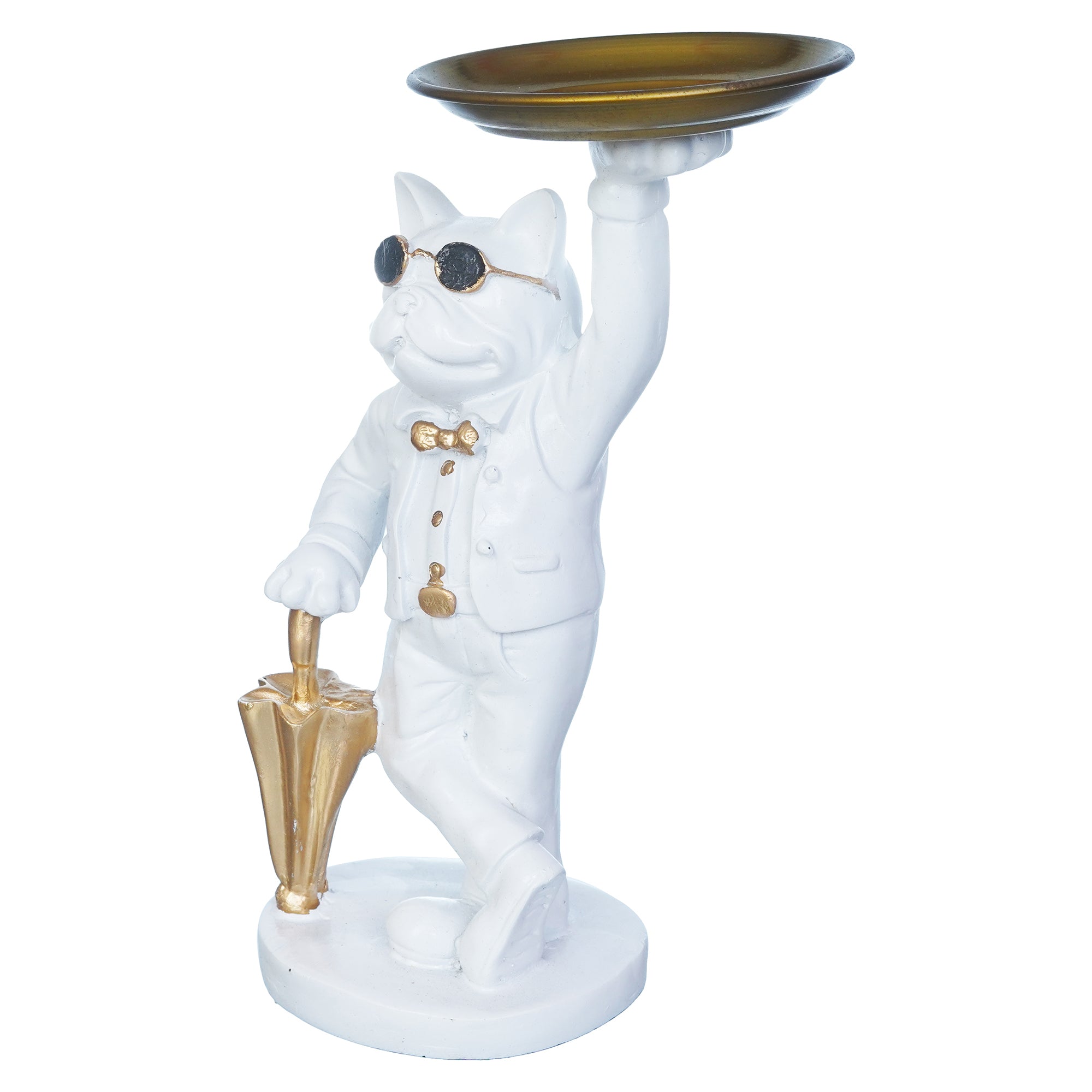 White Bulldog Statue in Glasses Holding Golden Umbrella and Tray in Hands Table Top Decorative Showpiece 7