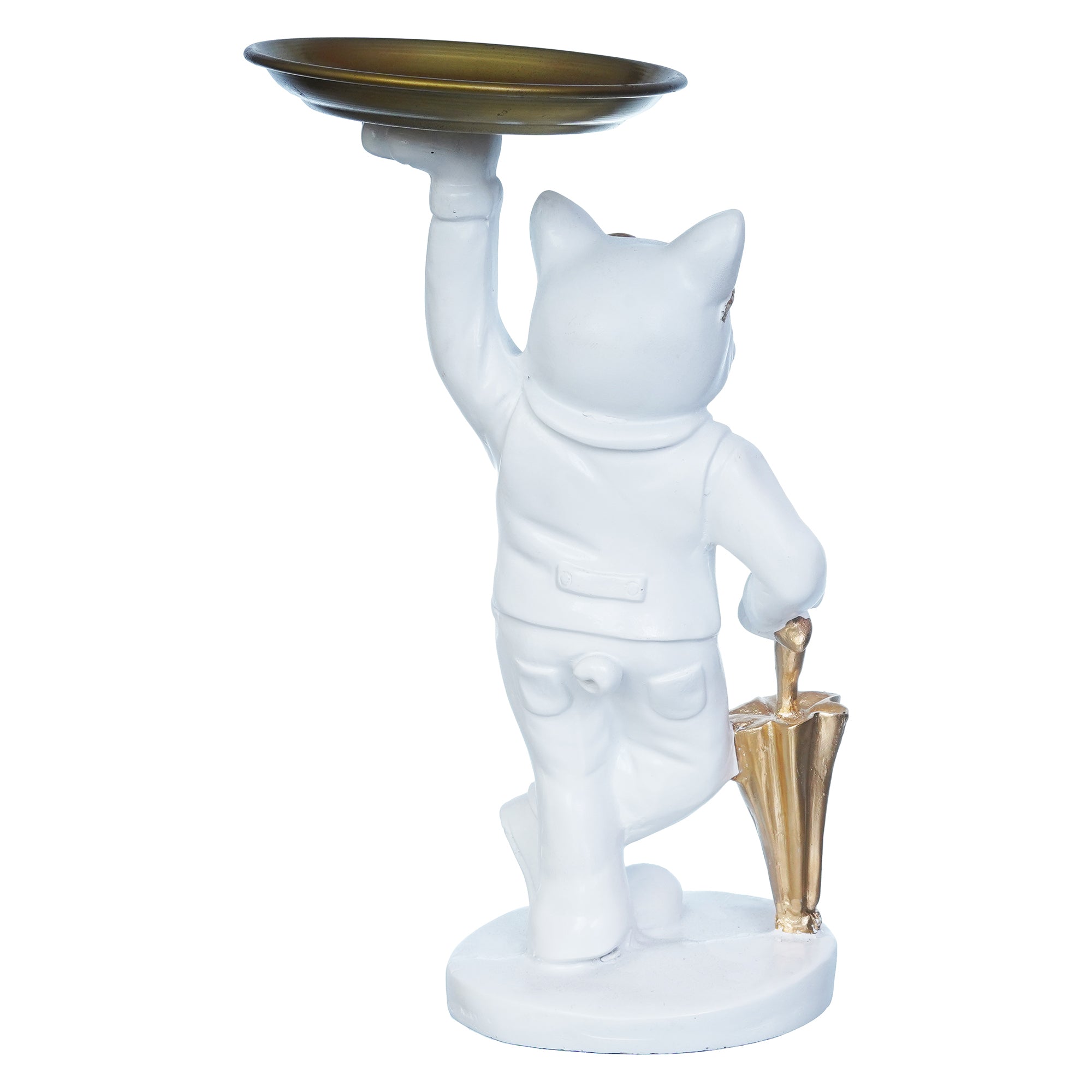 White Bulldog Statue in Glasses Holding Golden Umbrella and Tray in Hands Table Top Decorative Showpiece 8