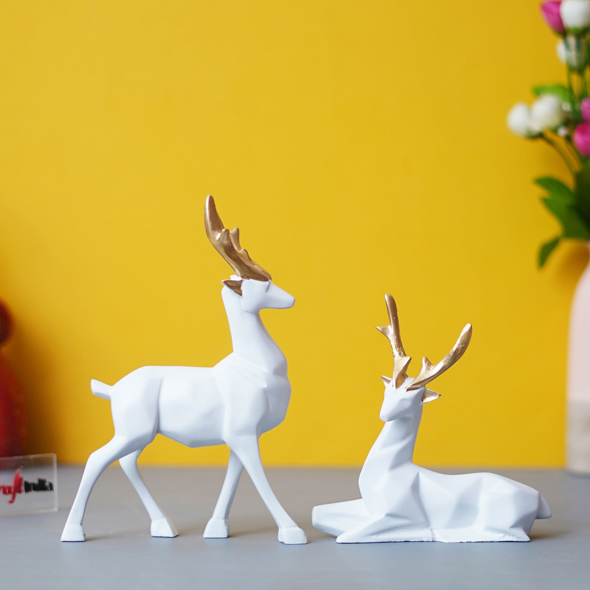 Set of 2 Golden & White Reindeer Statues Animal Figurines Decorative Showpieces
