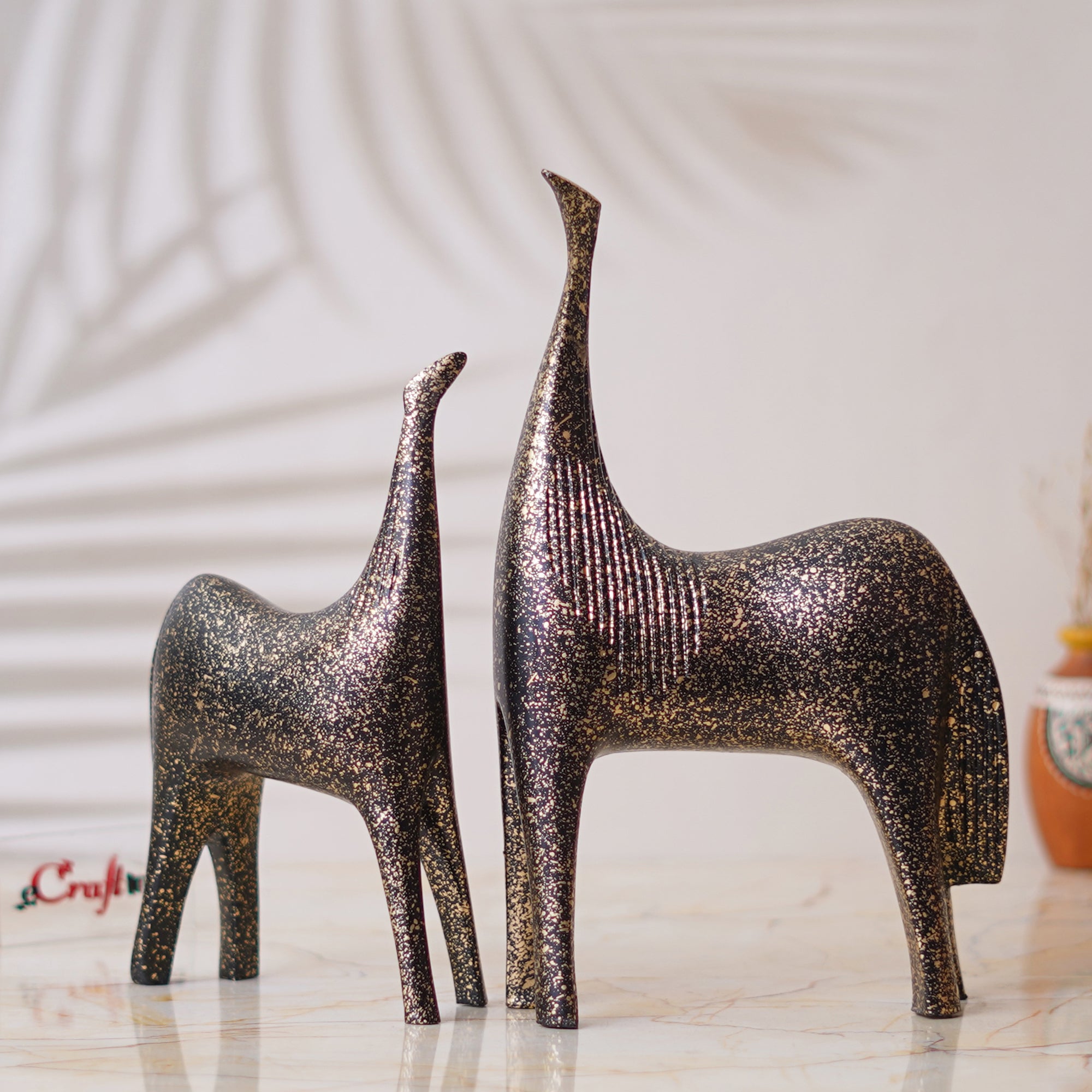 Set of 2 Black & Golden Horse Statues Decorative Animal Figurines 1