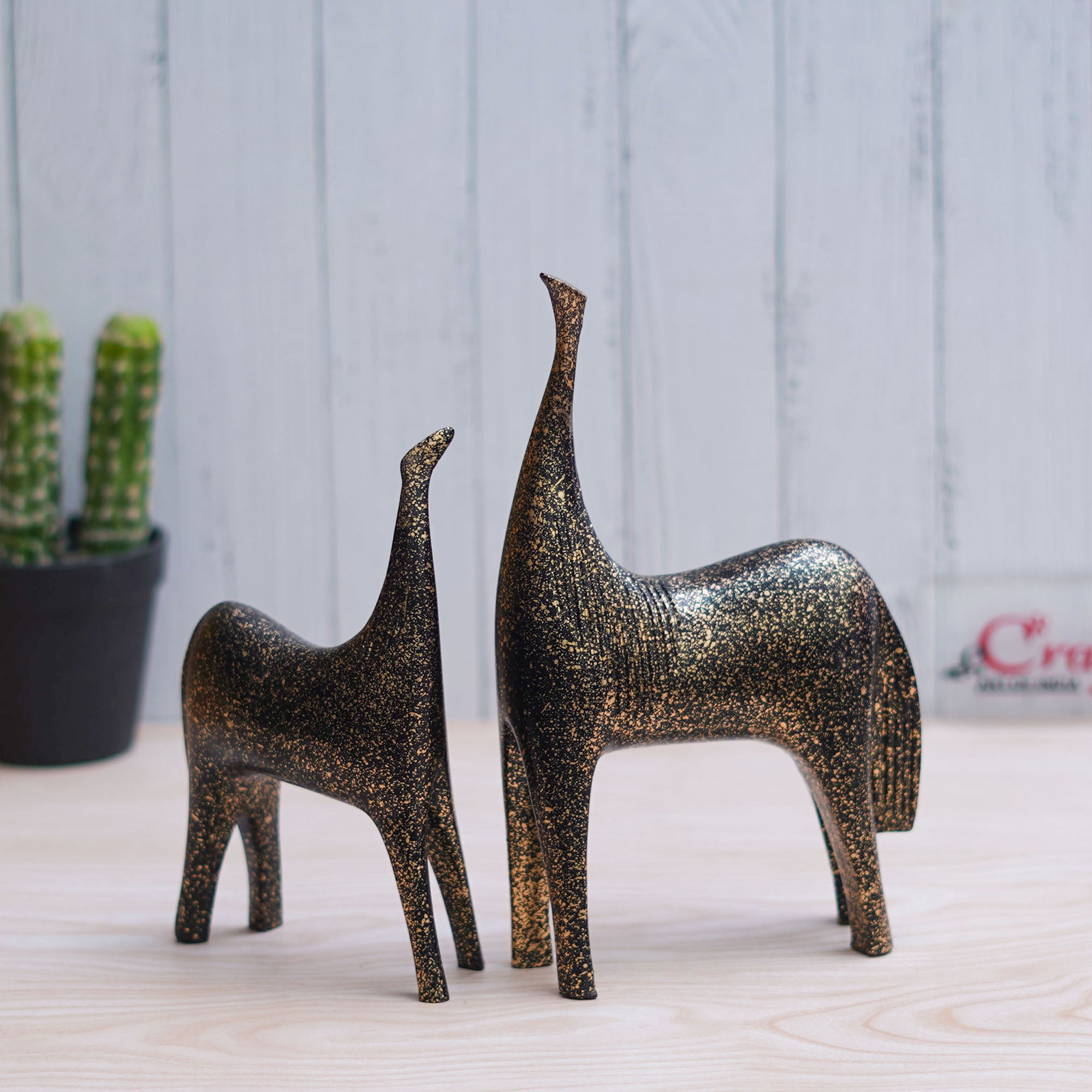 Set of 2 Black & Golden Horse Statues Decorative Animal Figurines