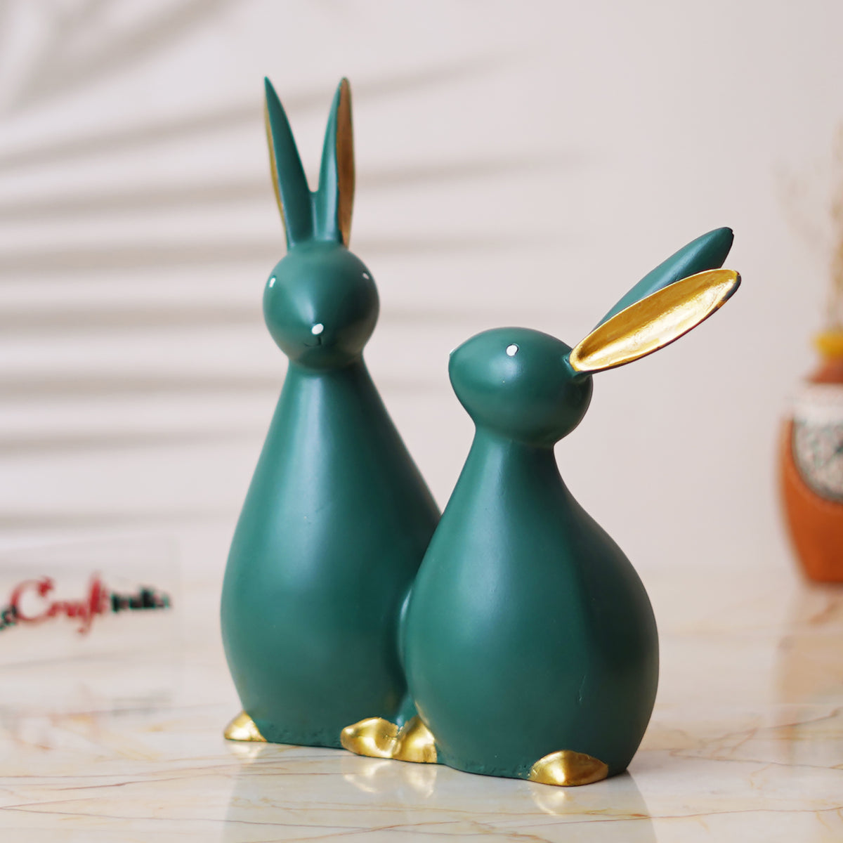Set of 2 Green Polyresin Cute Rabbit Statues Decorative Animal Figurin ...