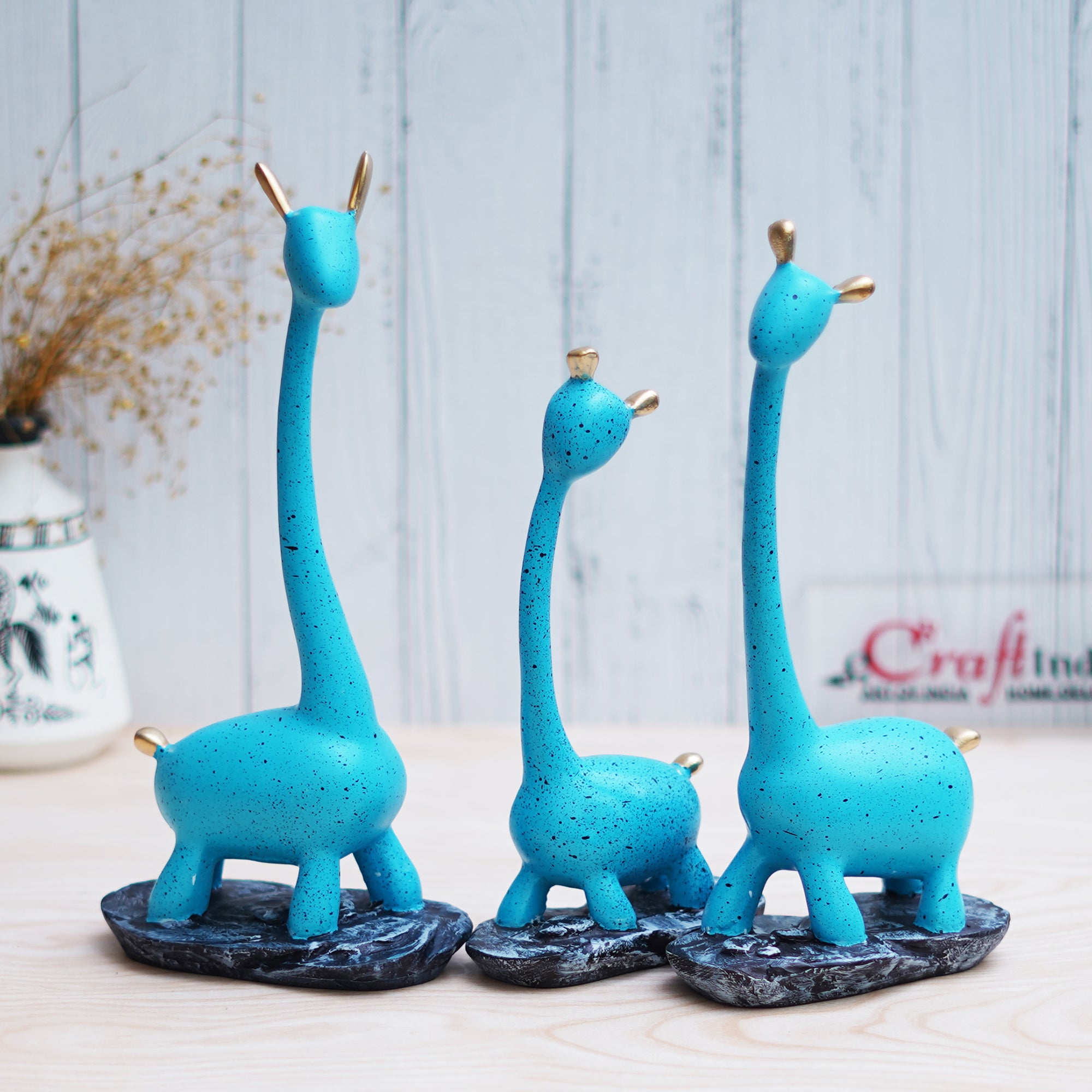 Set of 3 Blue Polyresin Cute Giraffe Statues Animal Figurines 1
