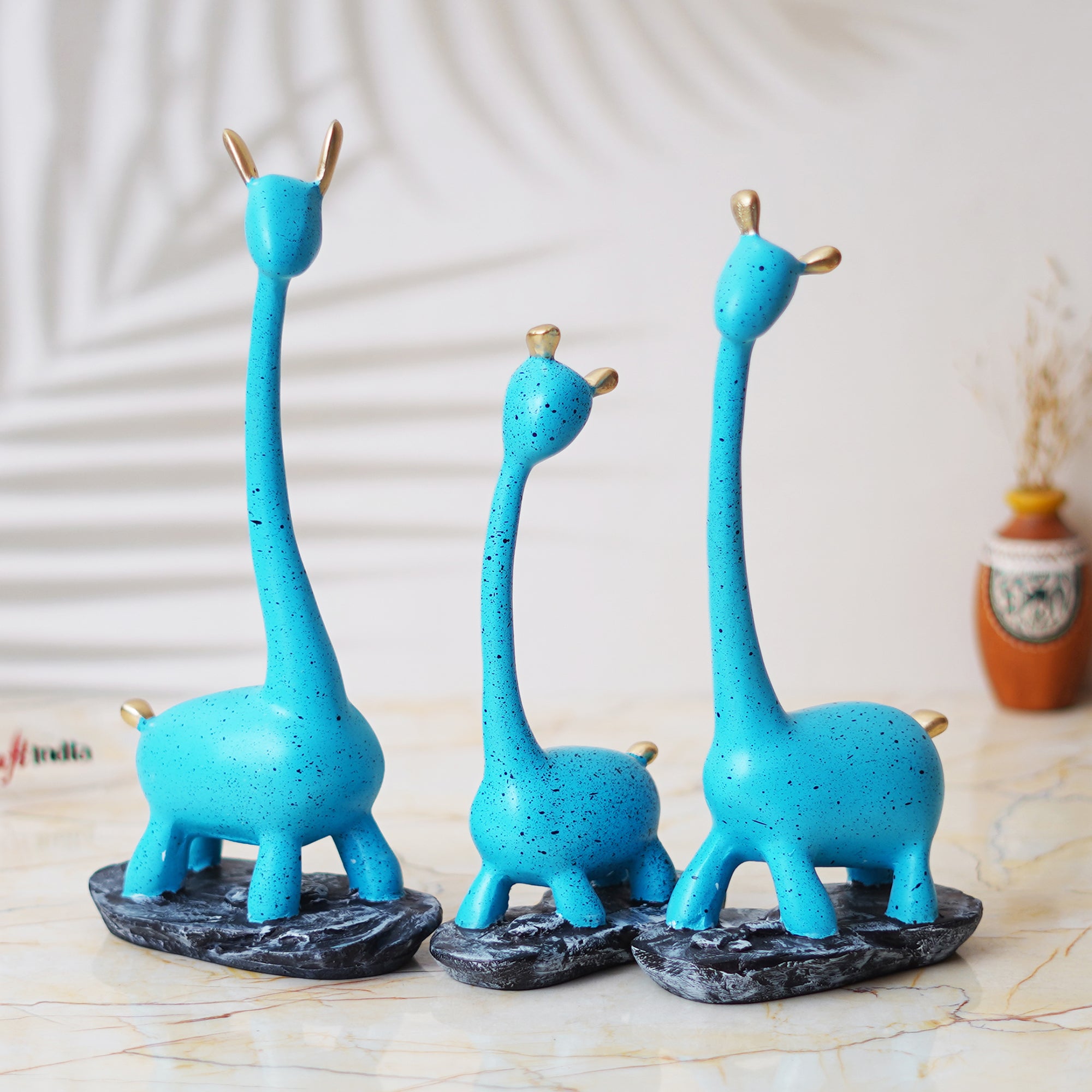 Set of 3 Blue Polyresin Cute Giraffe Statues Animal Figurines