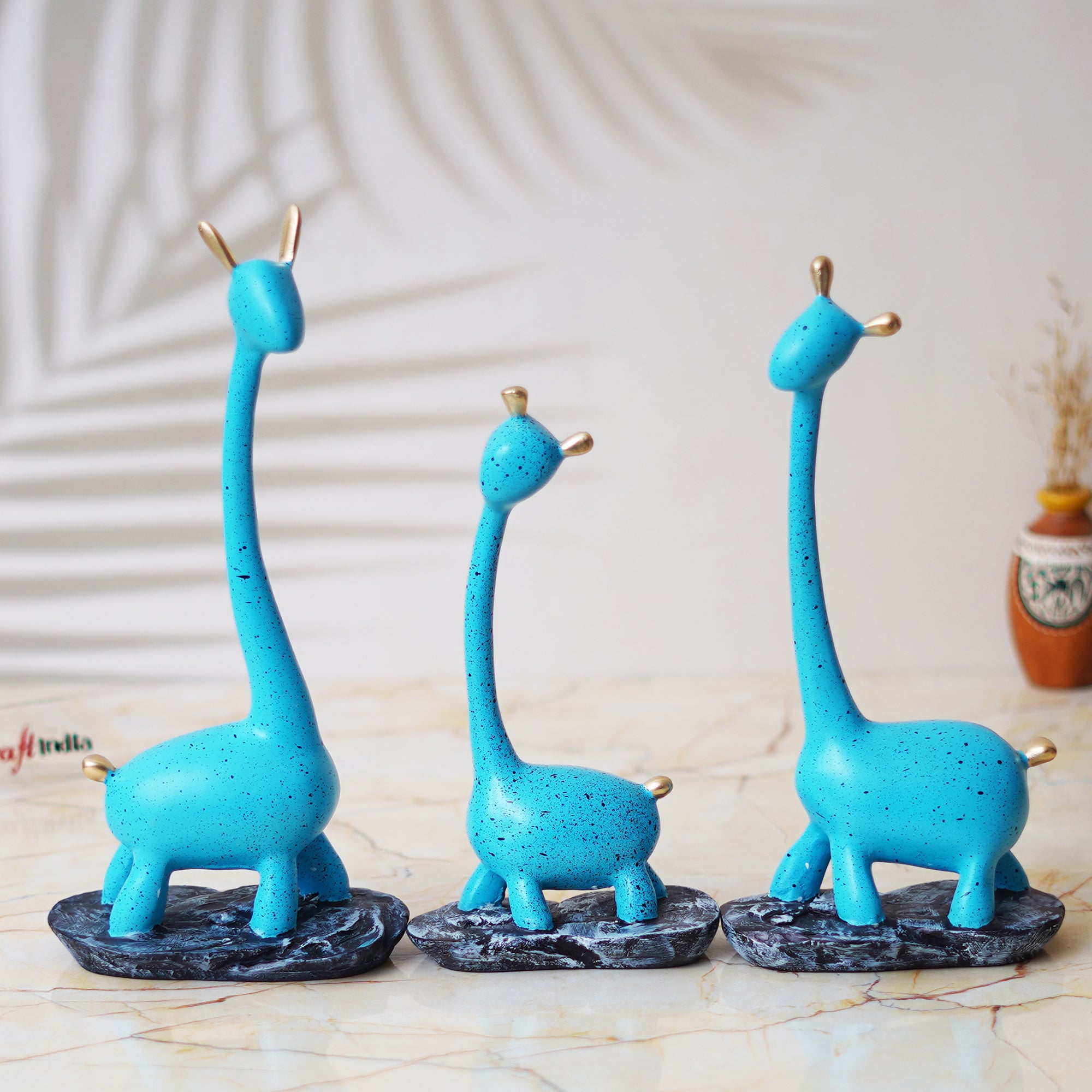 Set of 3 Blue Polyresin Cute Giraffe Statues Animal Figurines 4