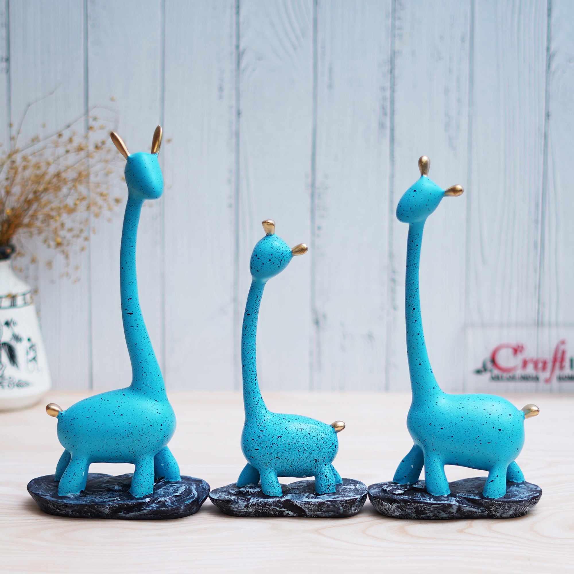 Set of 3 Blue Polyresin Cute Giraffe Statues Animal Figurines 5