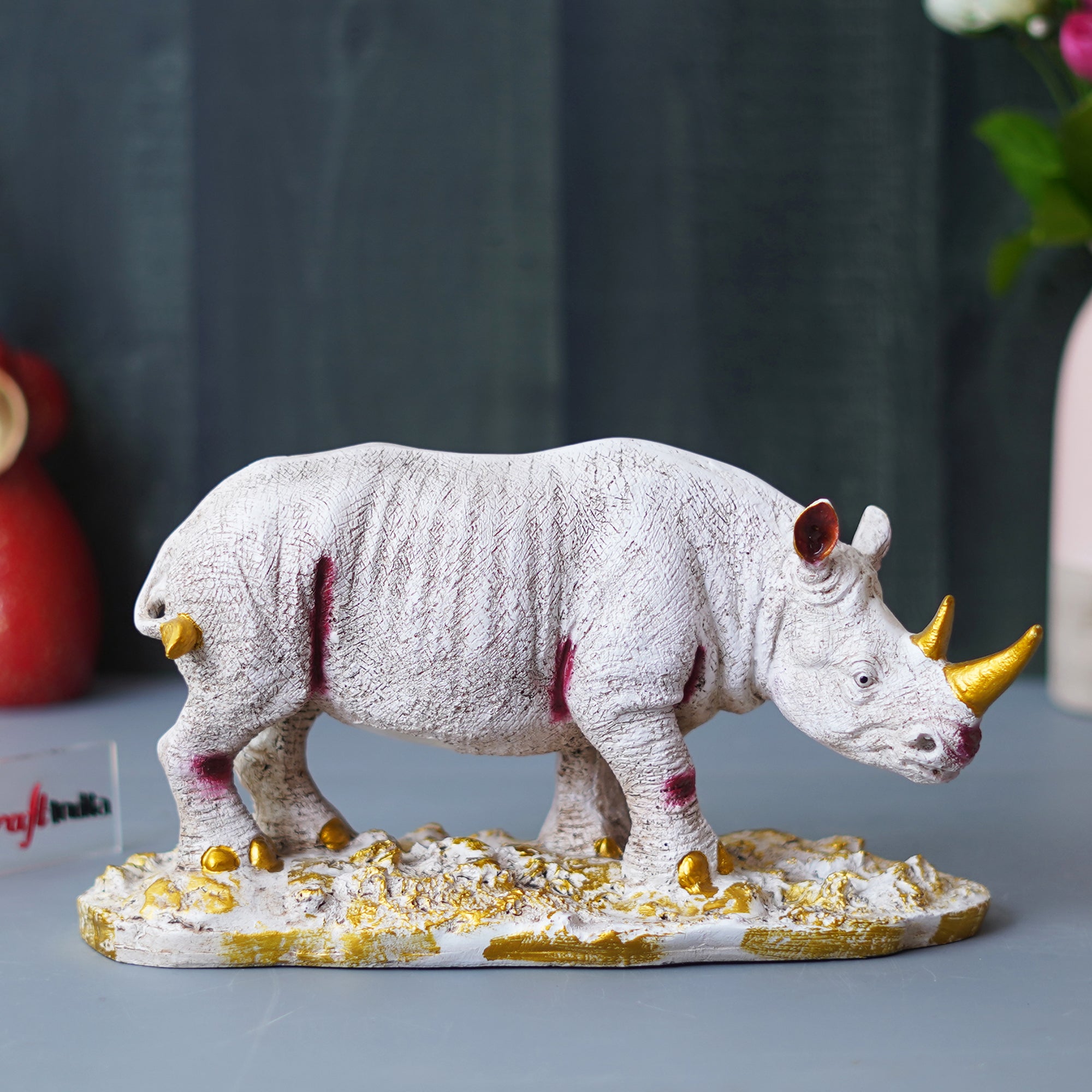 White Polyresin Rhinoceros Statue with Golden Horns Animal Figurine ...