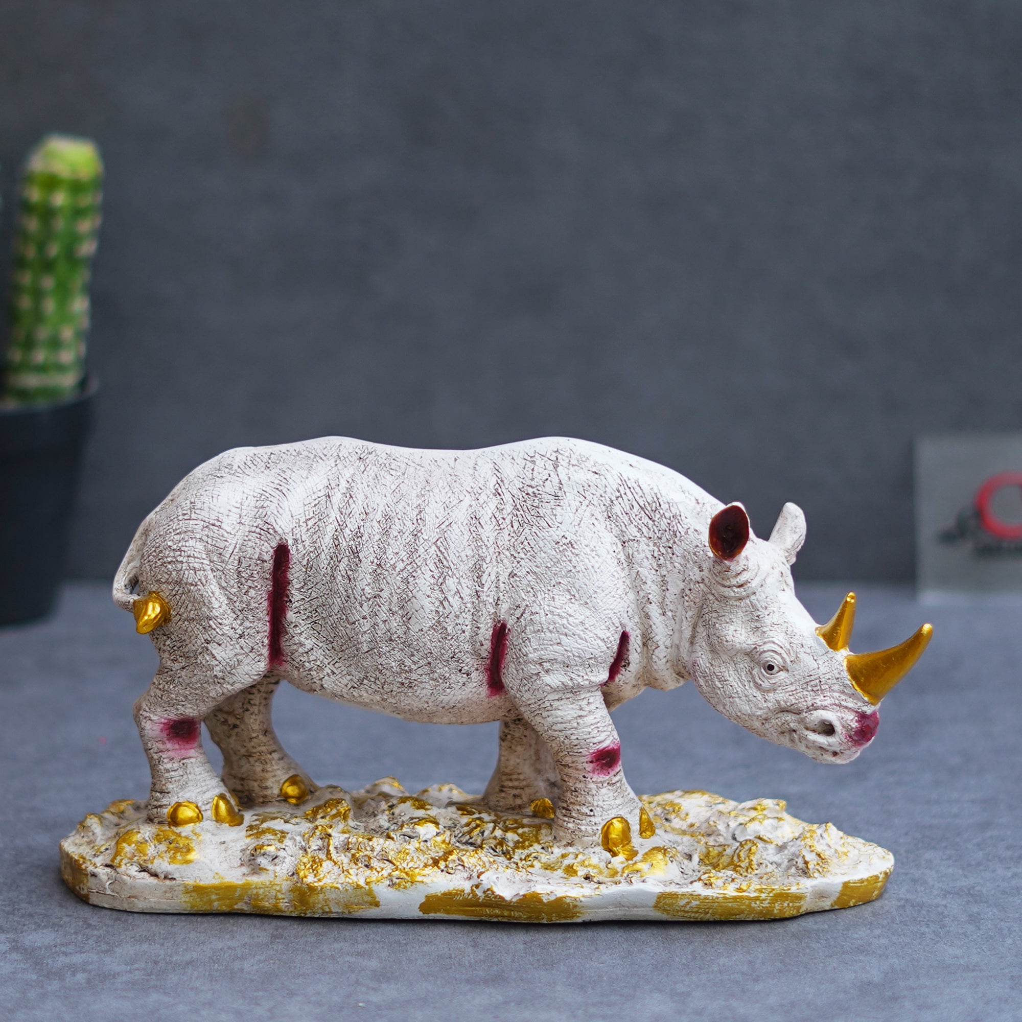 White Polyresin Rhinoceros Statue with Golden Horns Animal Figurine ...