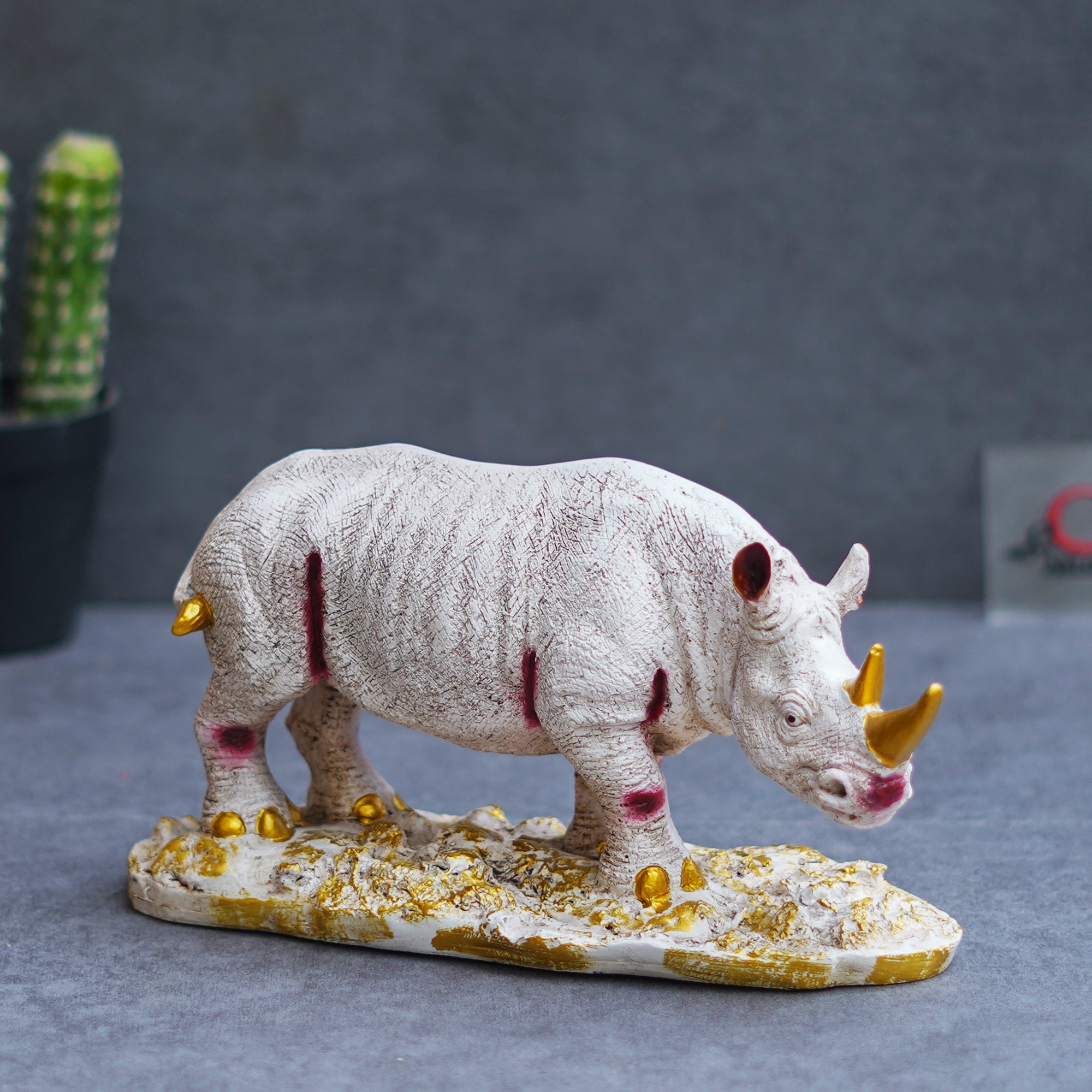 White Polyresin Rhinoceros Statue with Golden Horns Animal Figurine ...