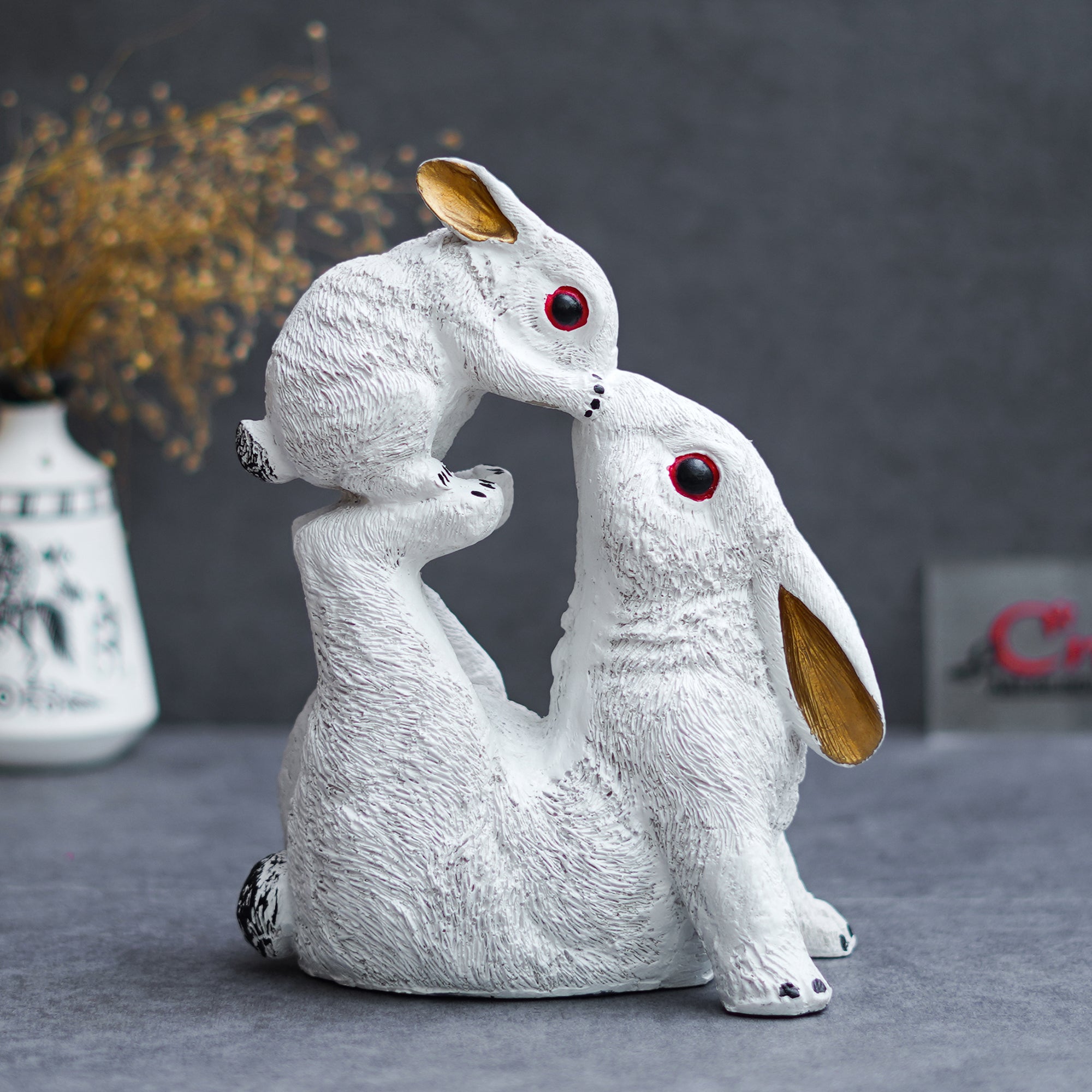 Gold and White Rabbit Statue with Bunny Animal Figurines Decorative Showpiece for Home Decor