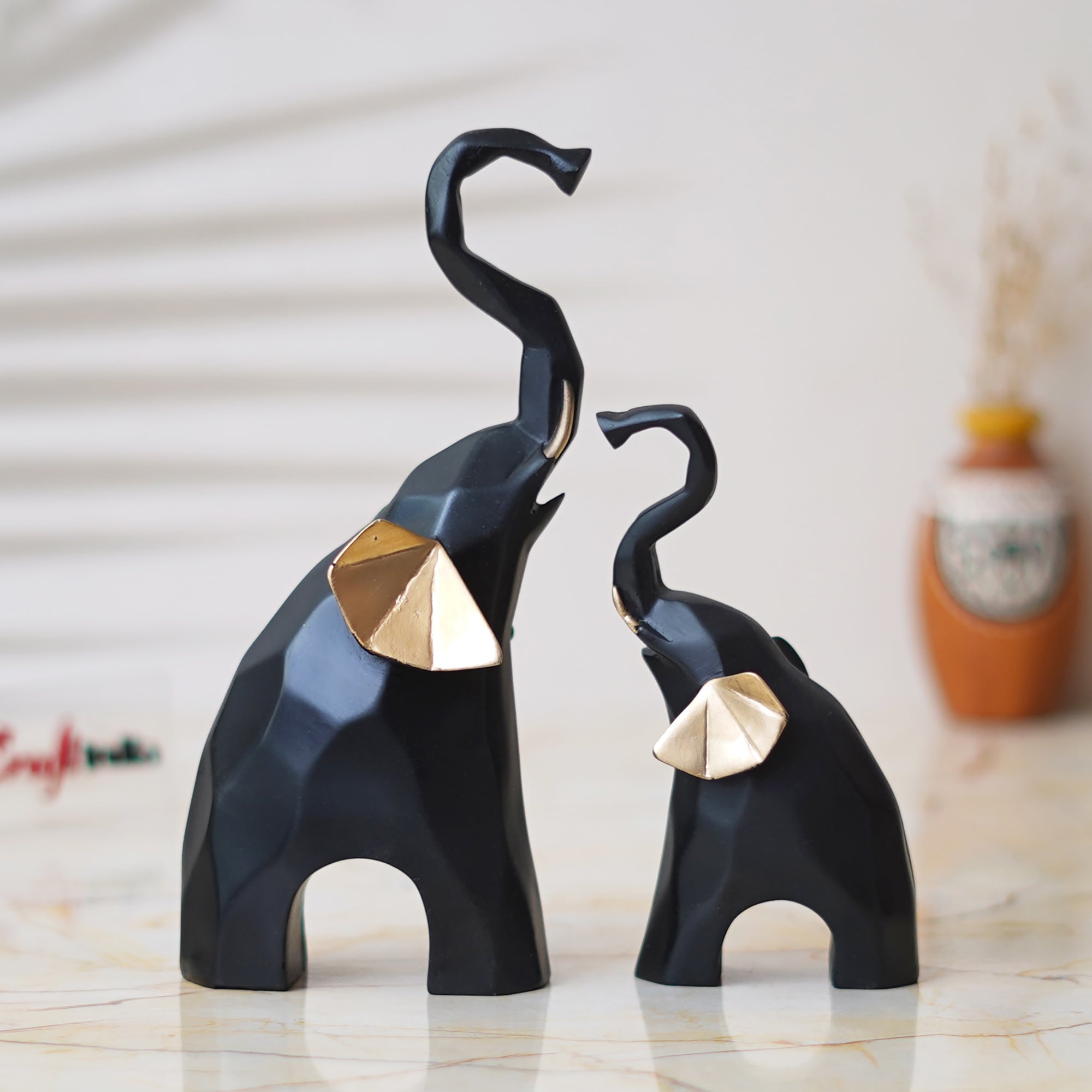 Set of 2 Gold & Black Elephant Statues Decorative Animal Showpieces 1