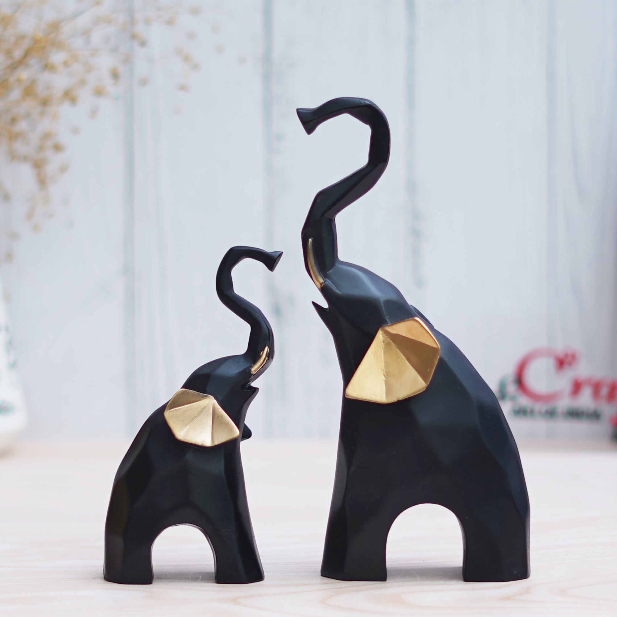 Set of 2 Gold & Black Elephant Statues Decorative Animal Showpieces
