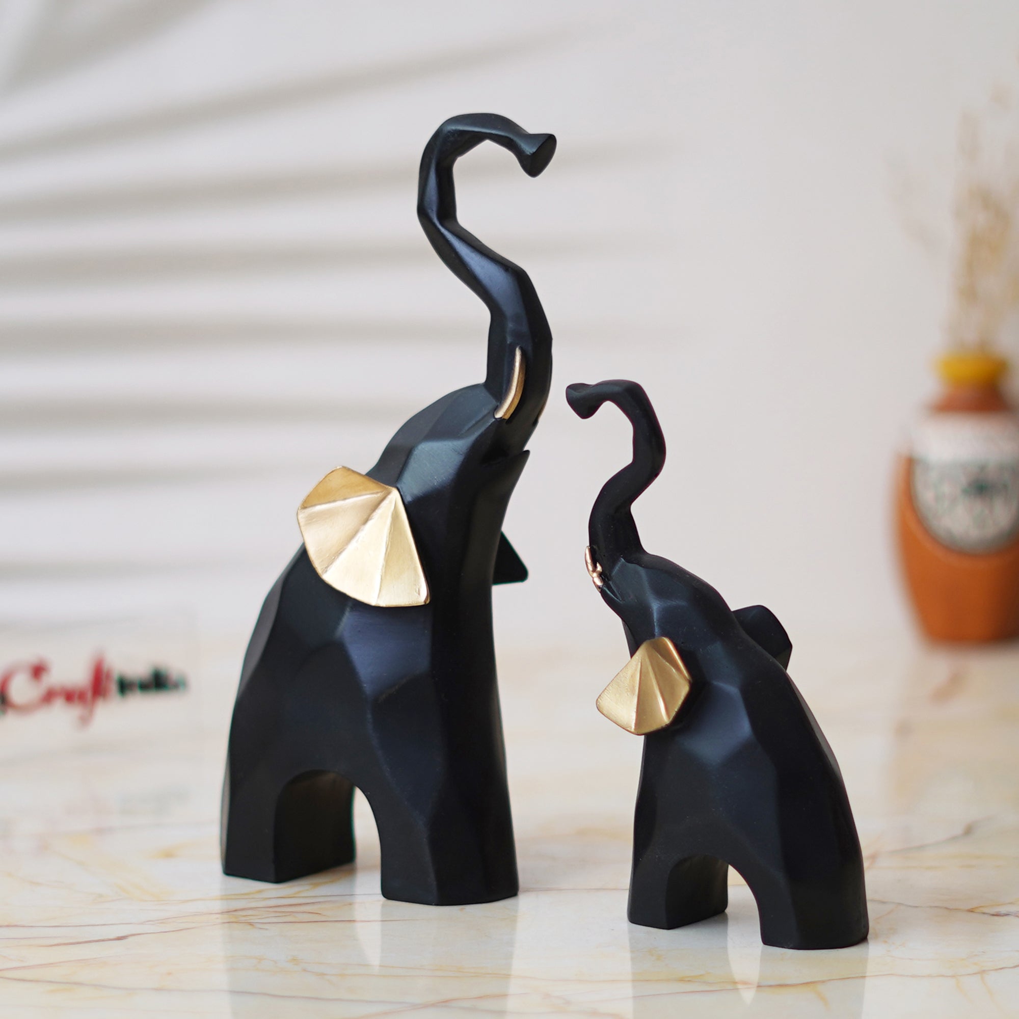 Set of 2 Gold & Black Elephant Statues Decorative Animal Showpieces 4