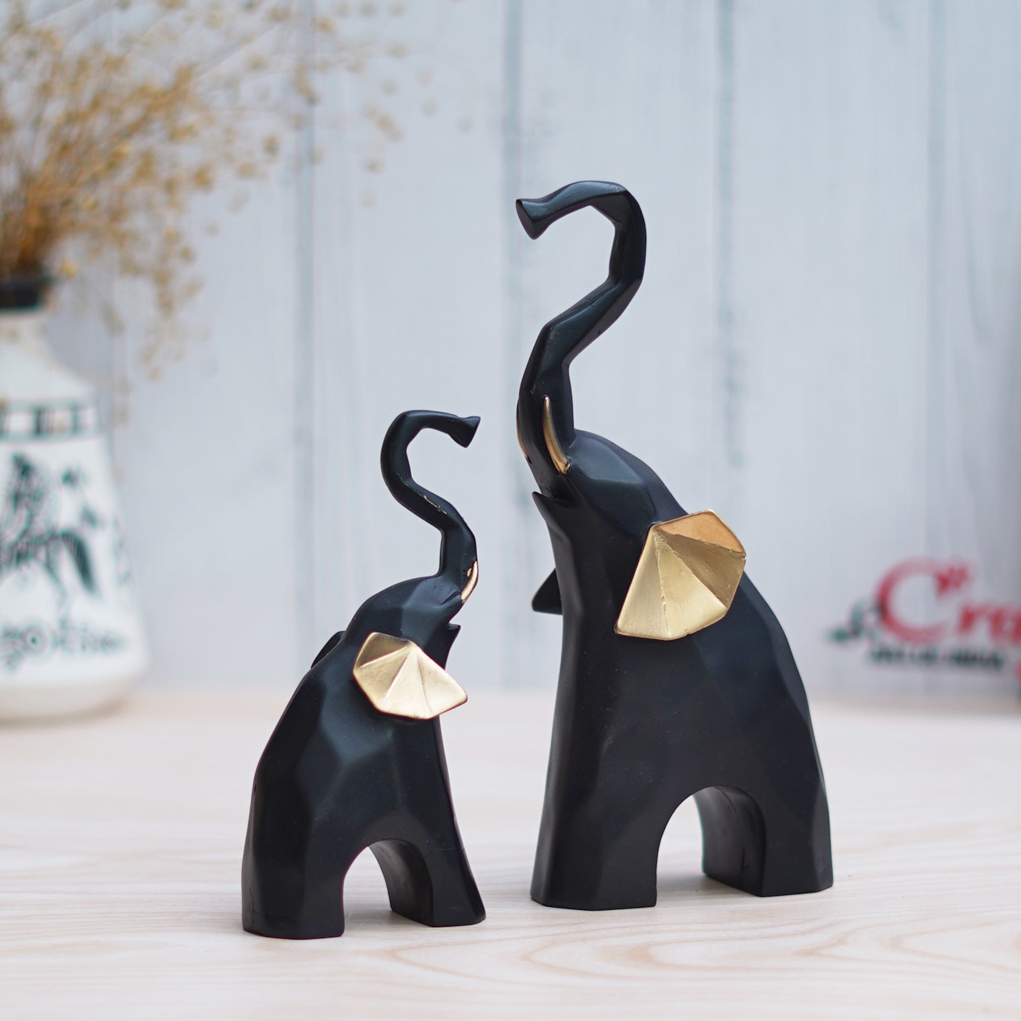 Set of 2 Gold & Black Elephant Statues Decorative Animal Showpieces 5
