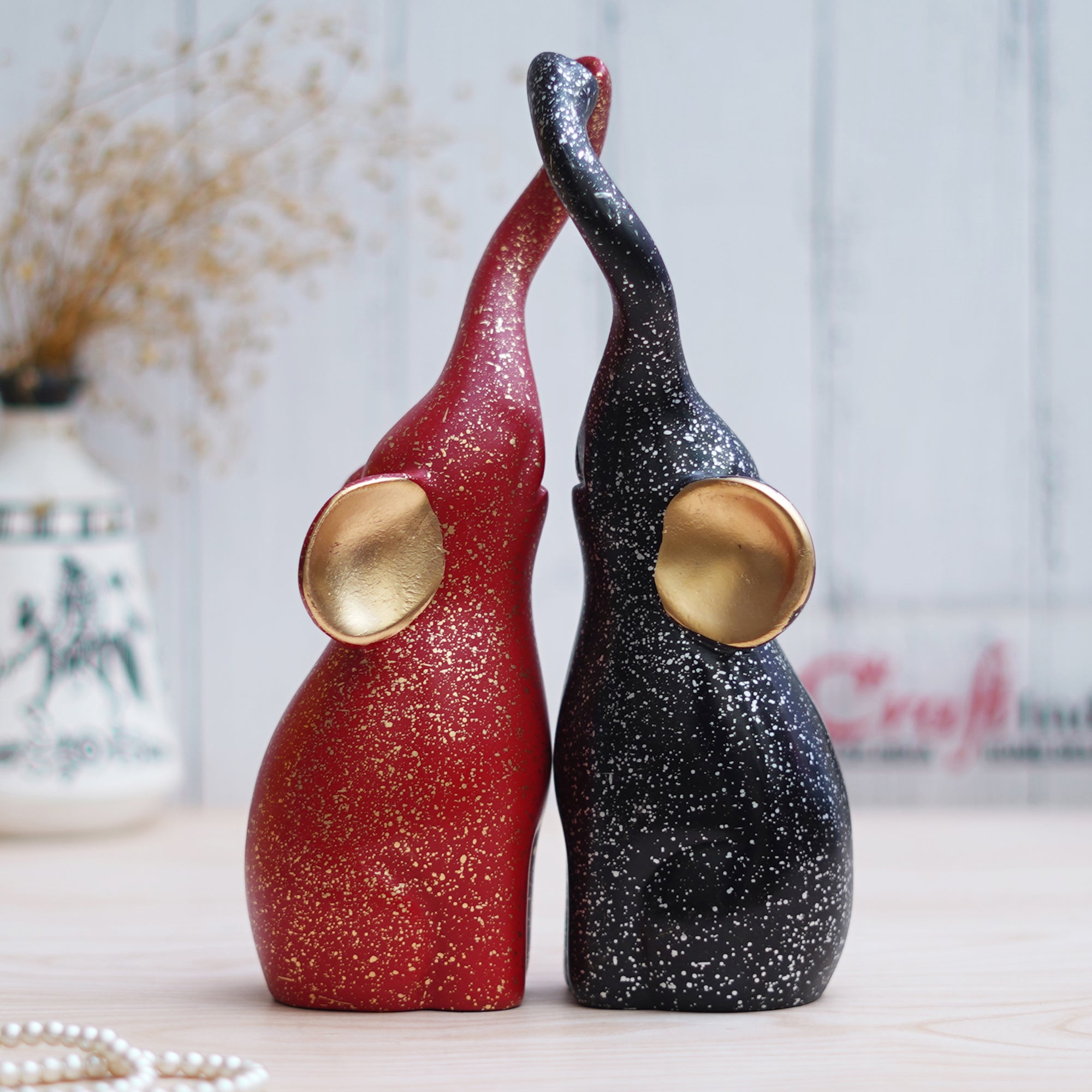 Set of 2 Black & Red Cute Elephant Statues Animal Figurines 4