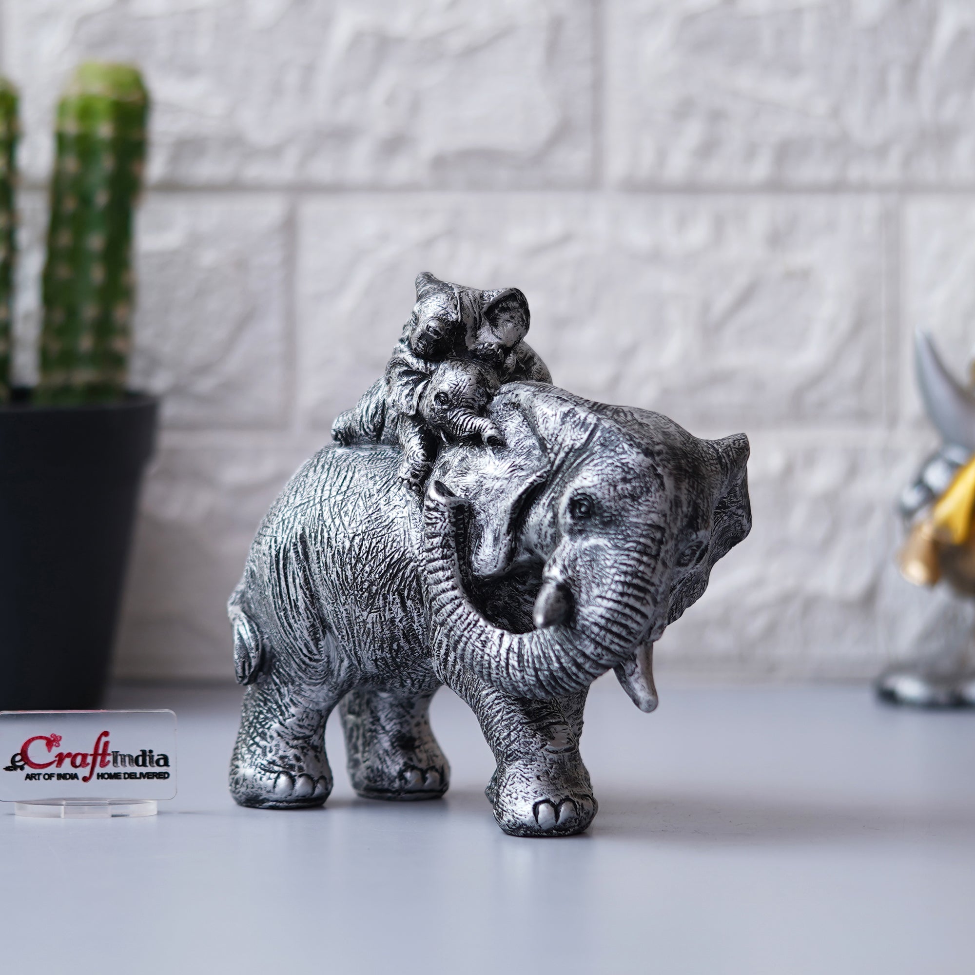 Polyresin Elephant Statue with Baby Elephant on his Back Decorative Showpiece 1