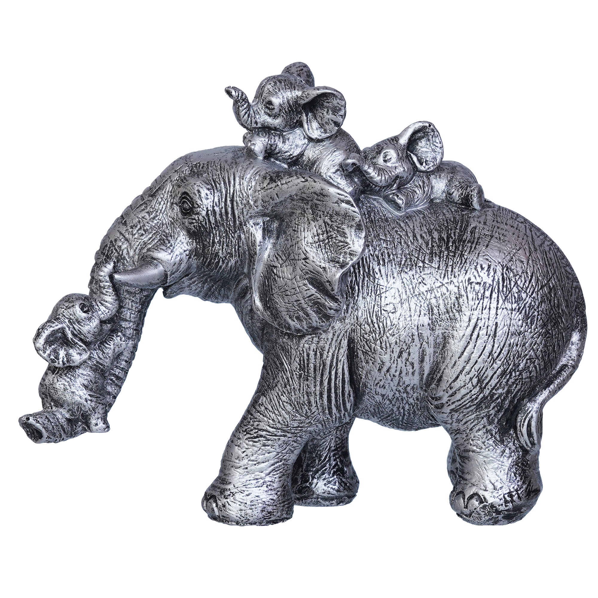 Cute Silver Elephant Statue Carries Three Calves on Its Back and Trunk 2