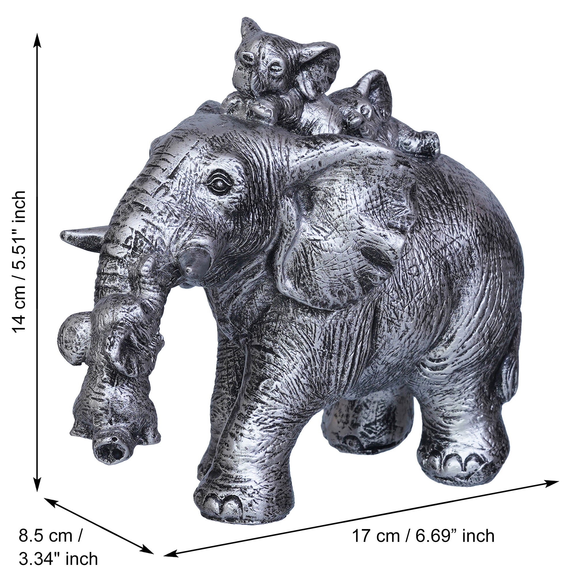 Cute Silver Elephant Statue Carries Three Calves on Its Back and Trunk 3