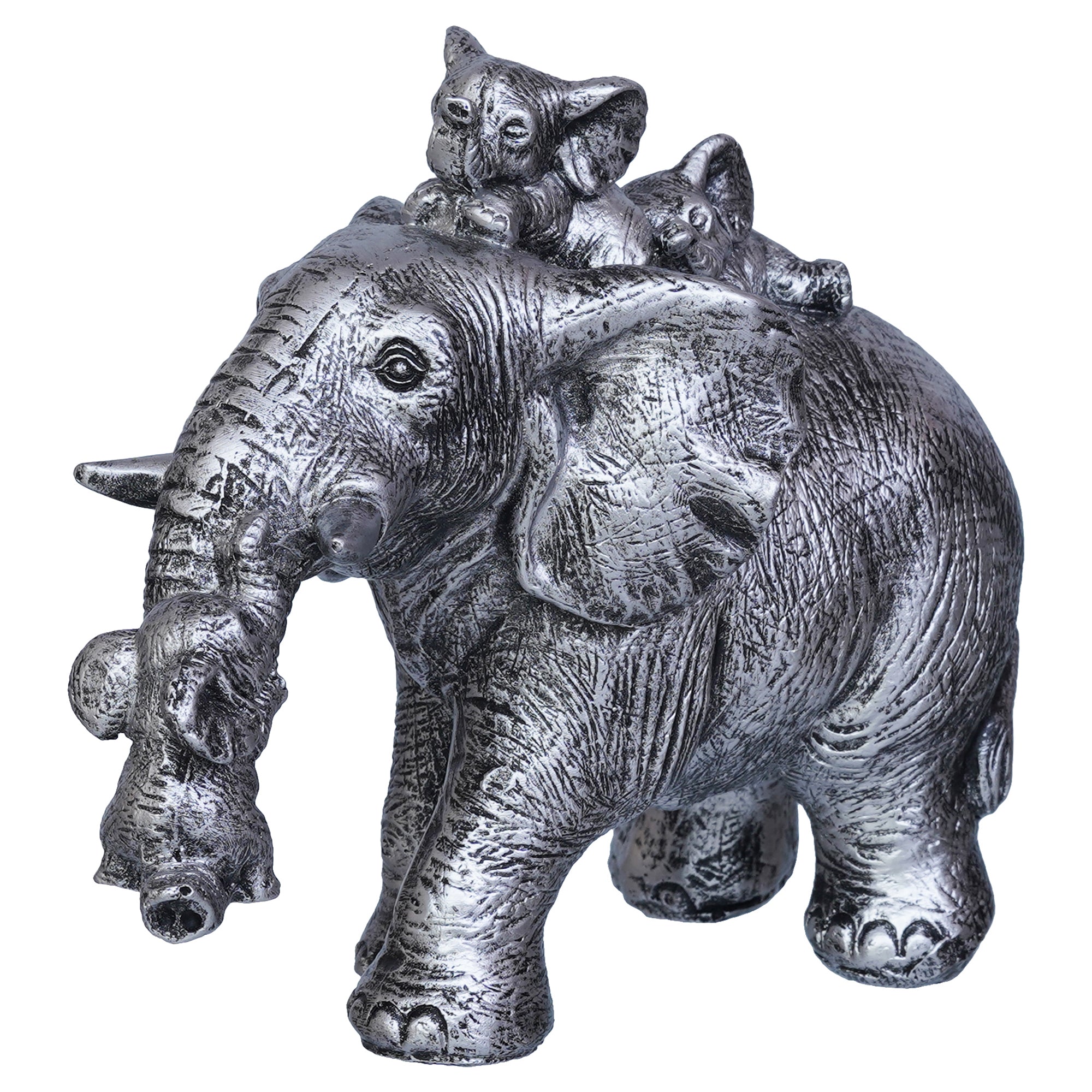 Cute Silver Elephant Statue Carries Three Calves on Its Back and Trunk 6