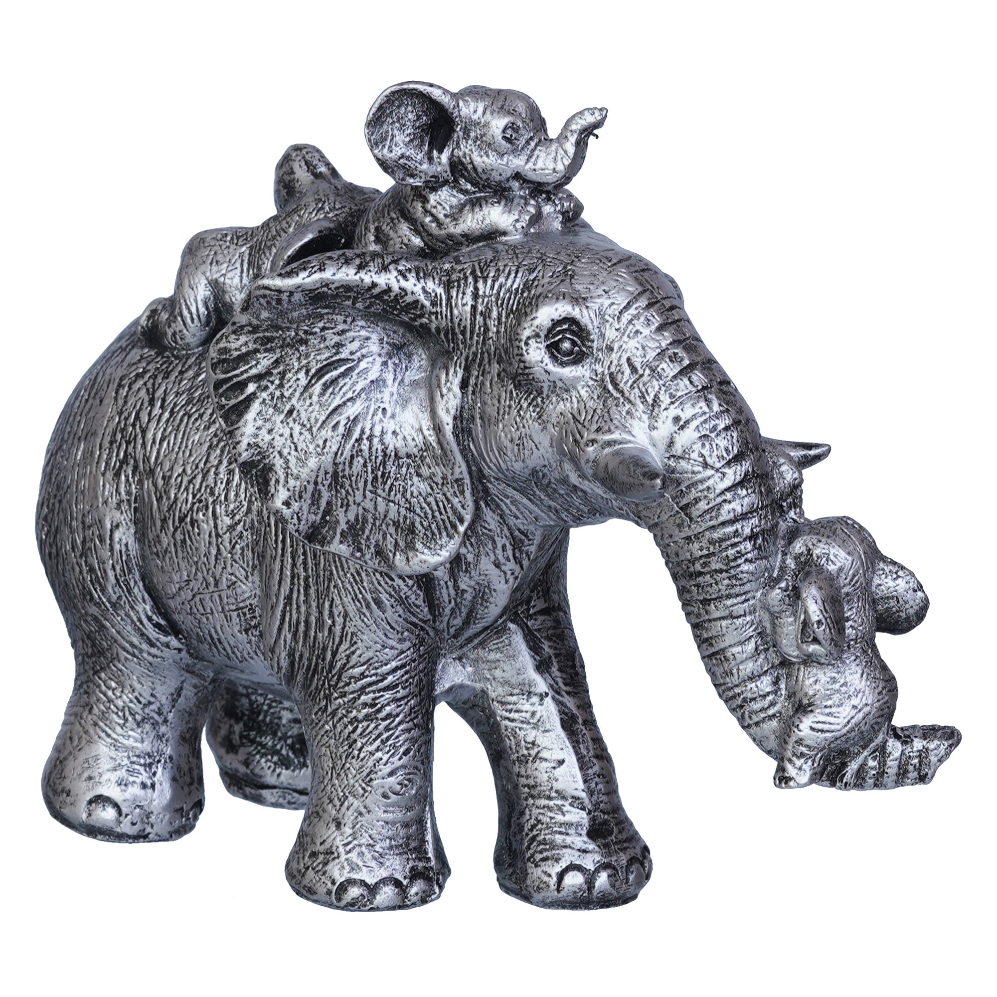 Cute Silver Elephant Statue Carries Three Calves on Its Back and Trunk 7
