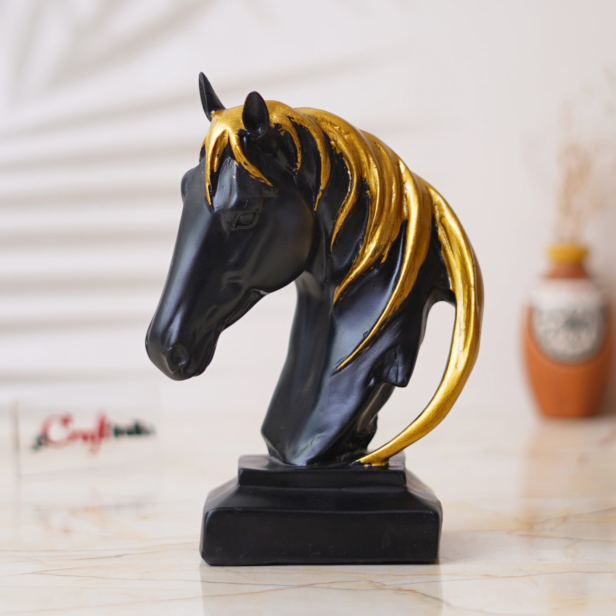 Black Horse Head Statue with Golden Hair Animal Figurine Showpiece