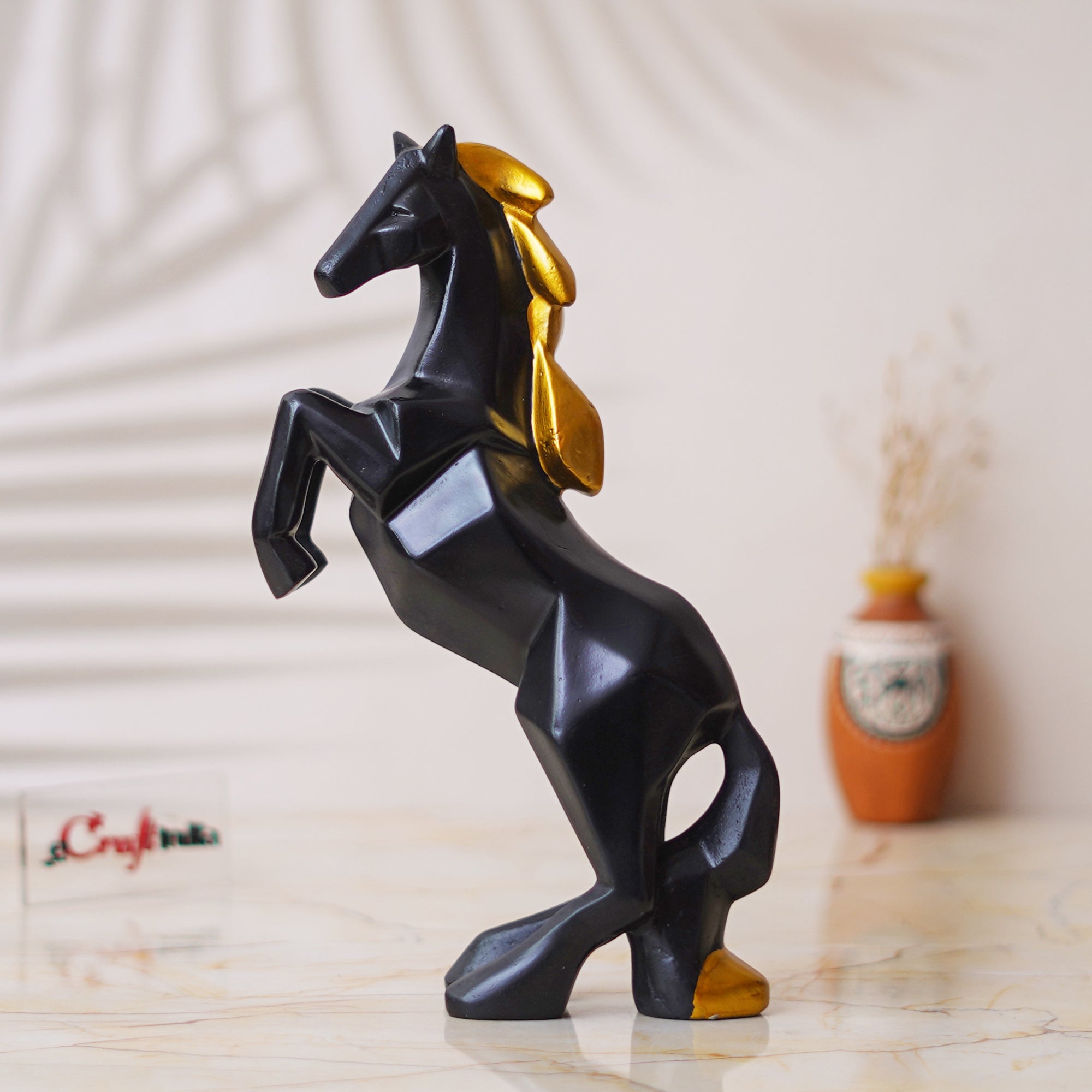 Black Polyresin Jumping Horse Statue with Golden Hair Animal Figurine 1