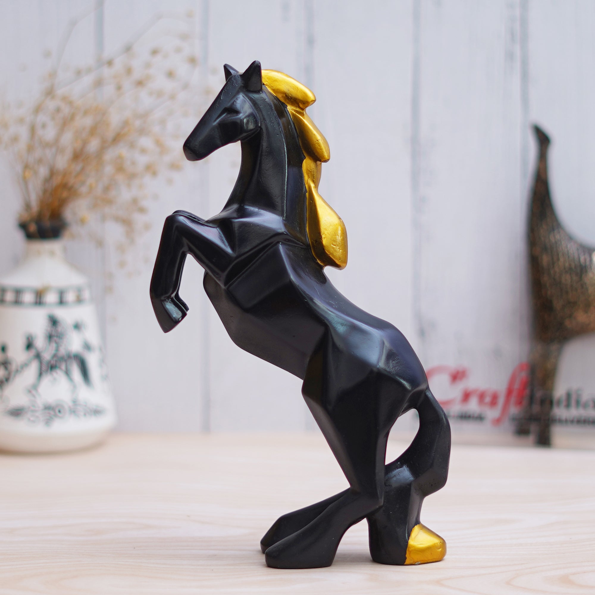 Black Polyresin Jumping Horse Statue with Golden Hair Animal Figurine