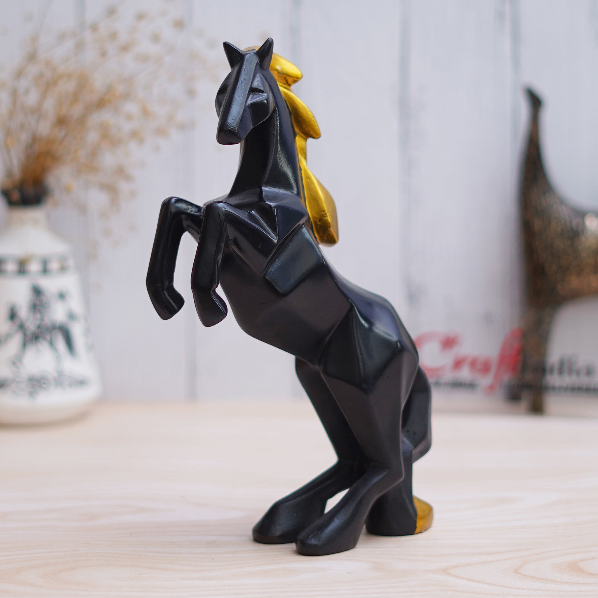 Black Polyresin Jumping Horse Statue with Golden Hair Animal Figurine 4