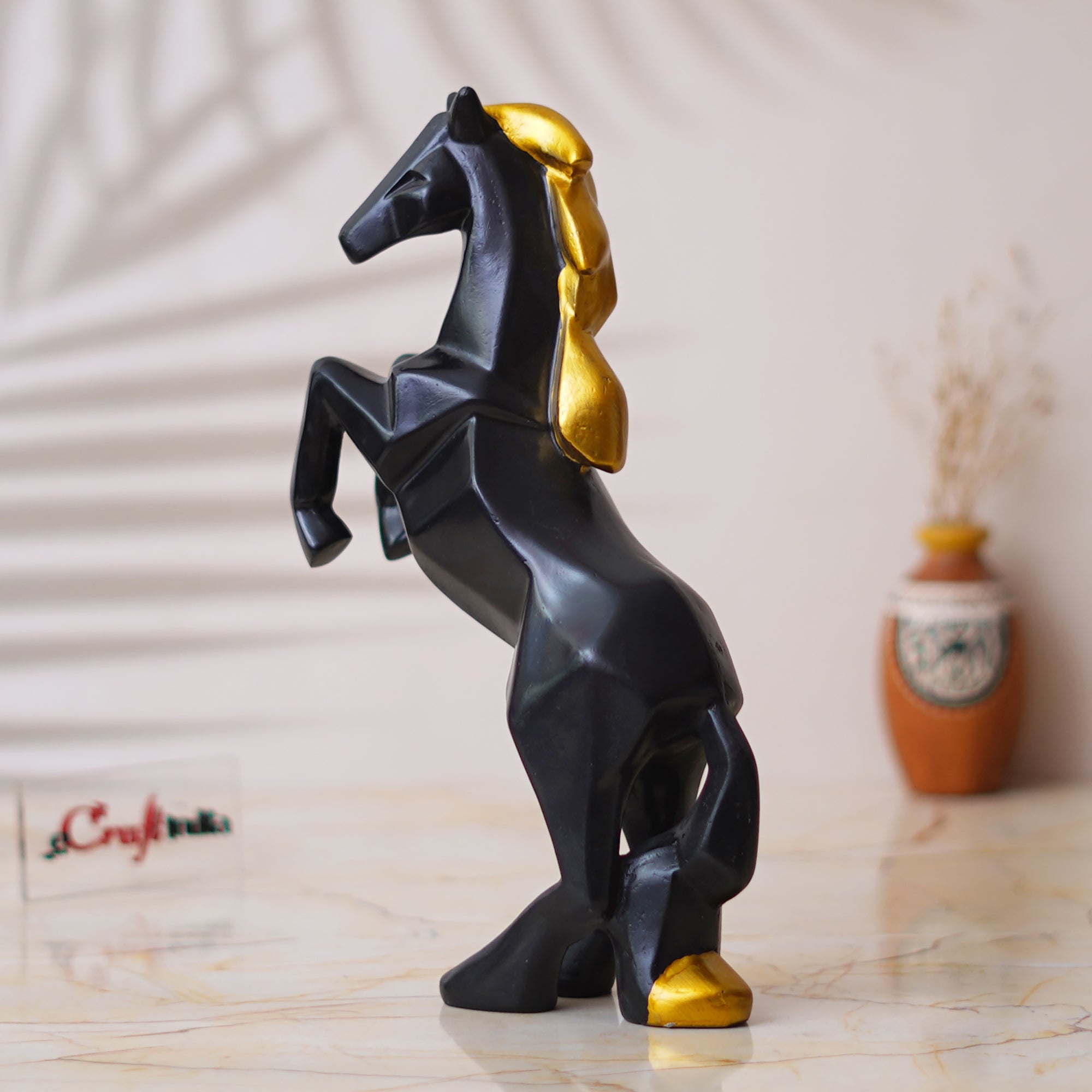 Black Polyresin Jumping Horse Statue with Golden Hair Animal Figurine 5