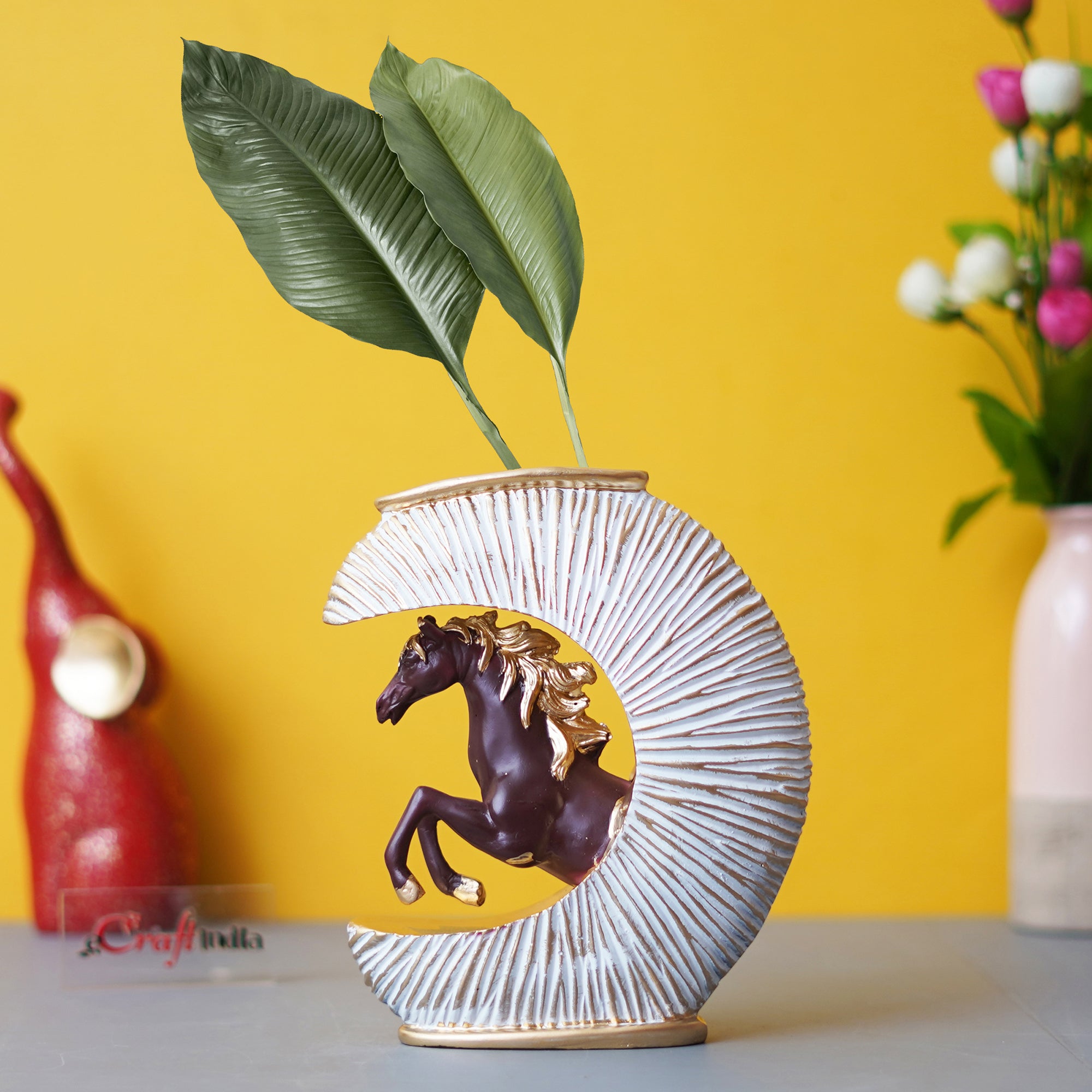 Multicolor Polyresin Running Horse Statue Flower Vase Animal Figurine Planter Decorative Showpiece