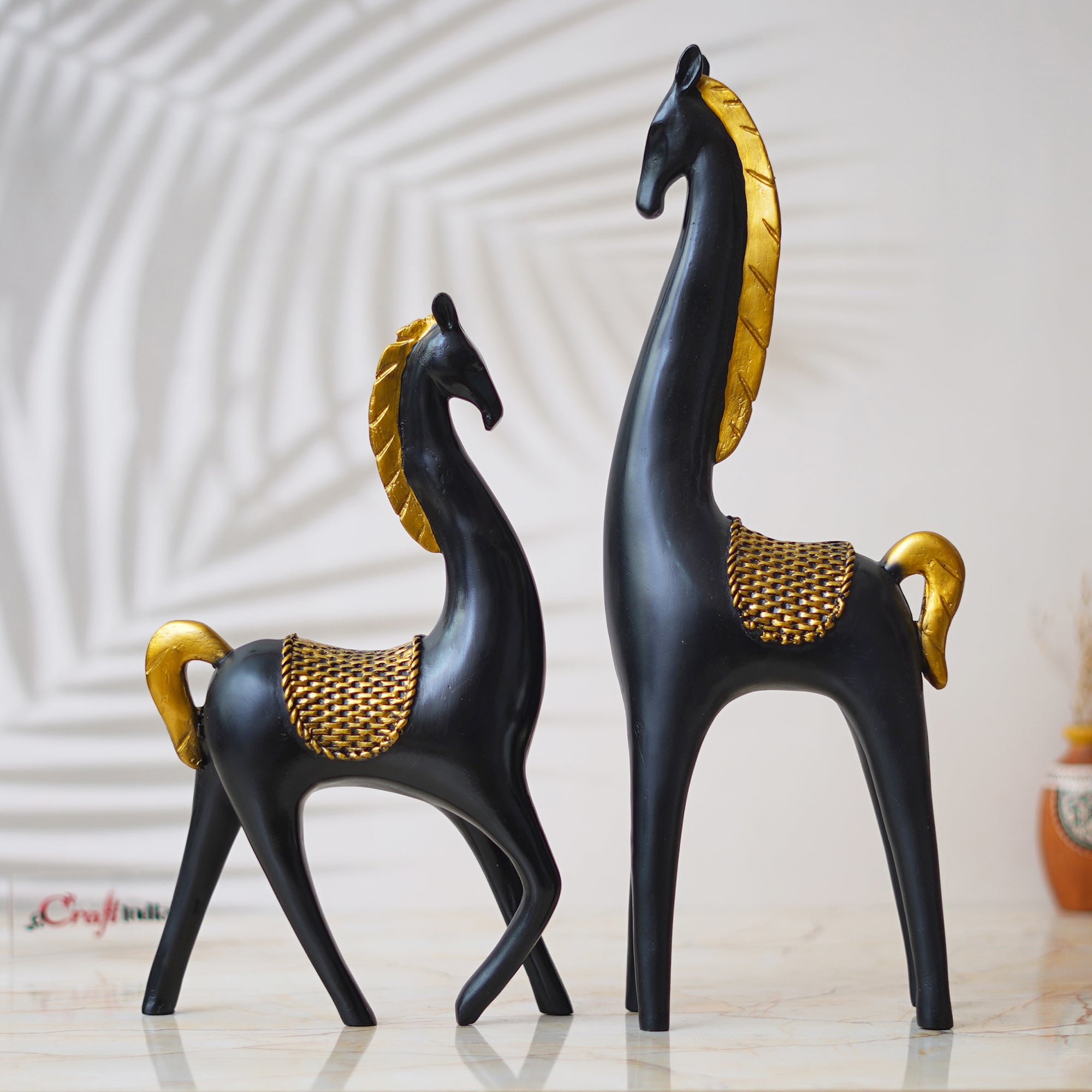 Set of 2 Black Horse Statues with Golden Hair Decorative Animal Figurines
