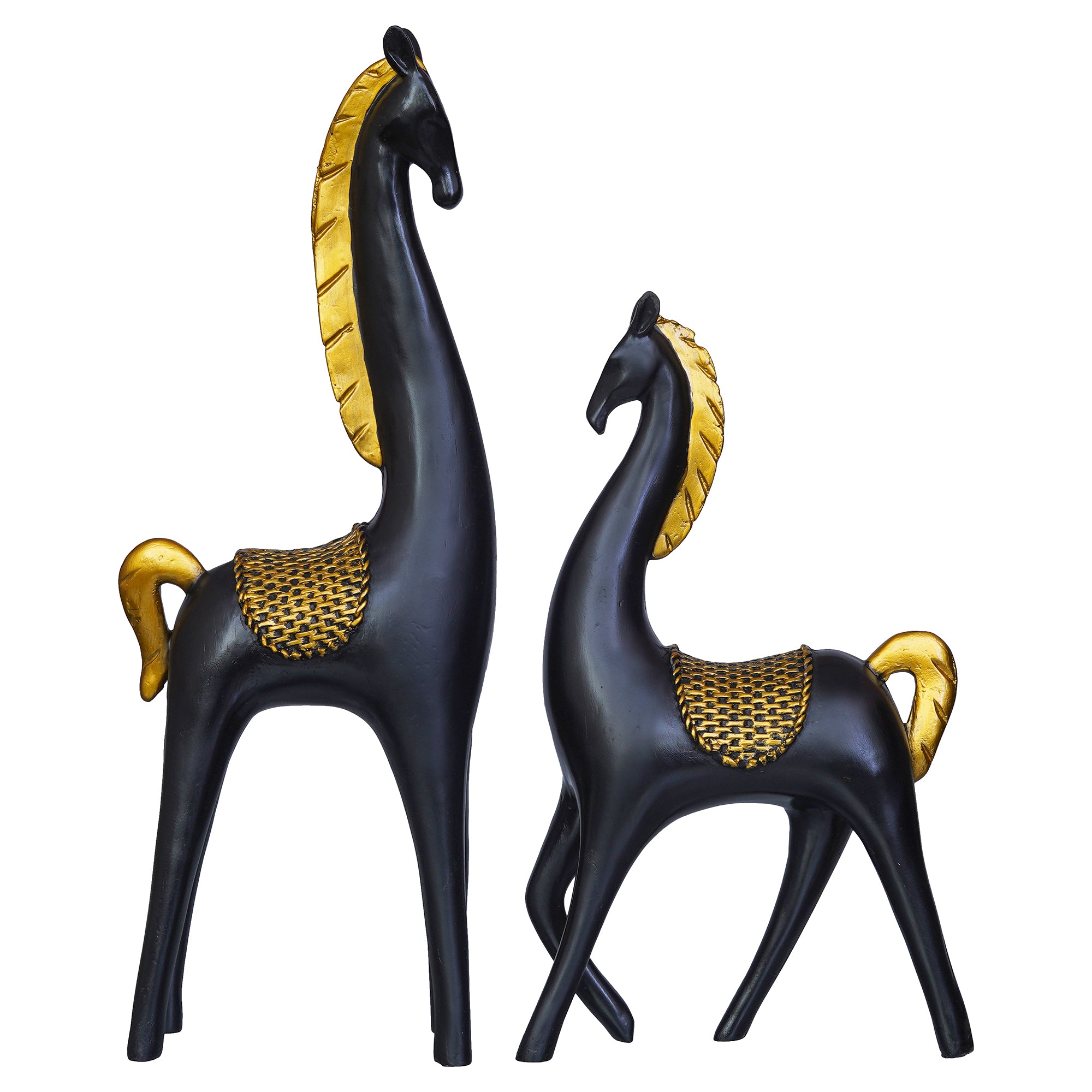 Set of 2 Black Horse Statues with Golden Hair Decorative Animal Figurines 2