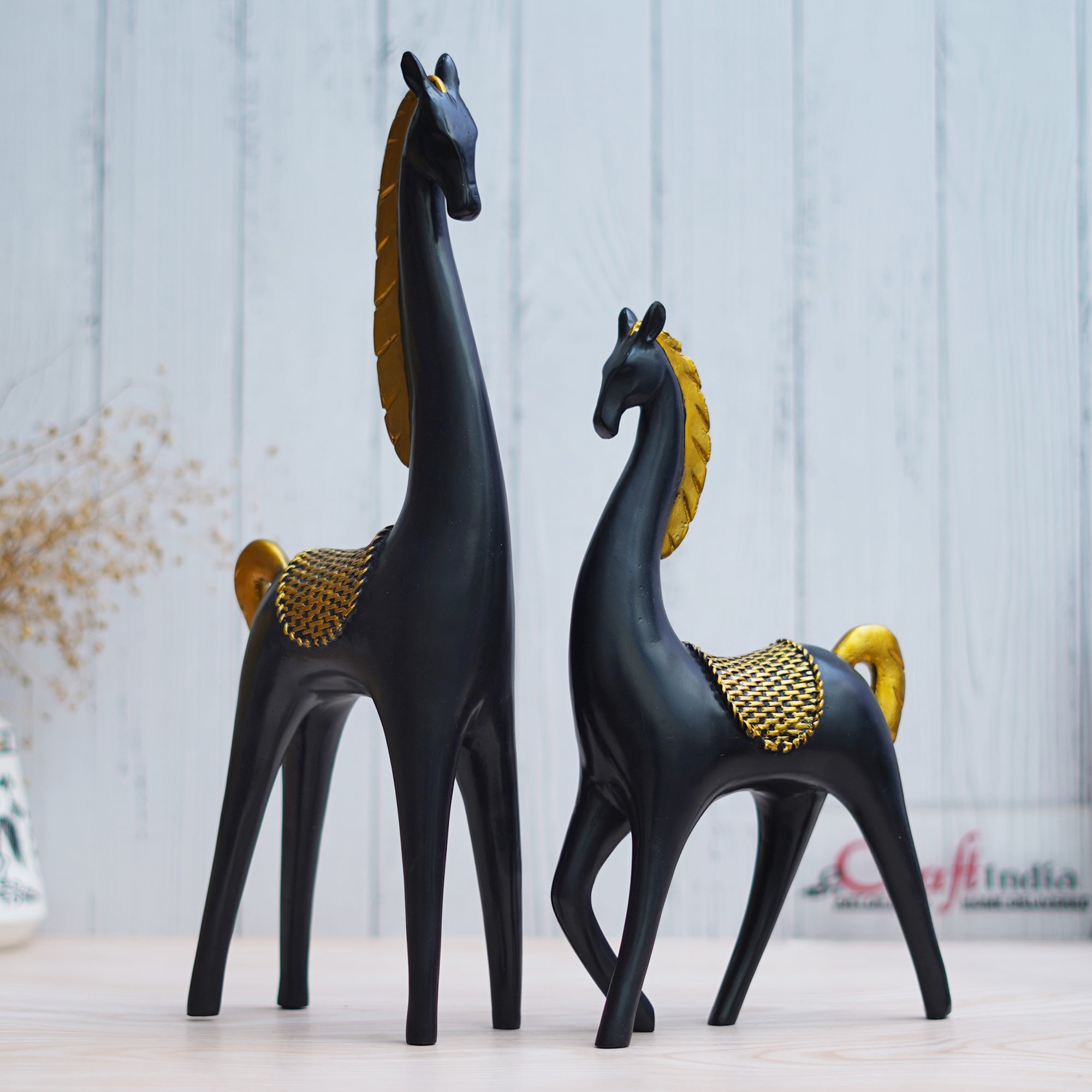 Set of 2 Black Horse Statues with Golden Hair Decorative Animal Figurines 5