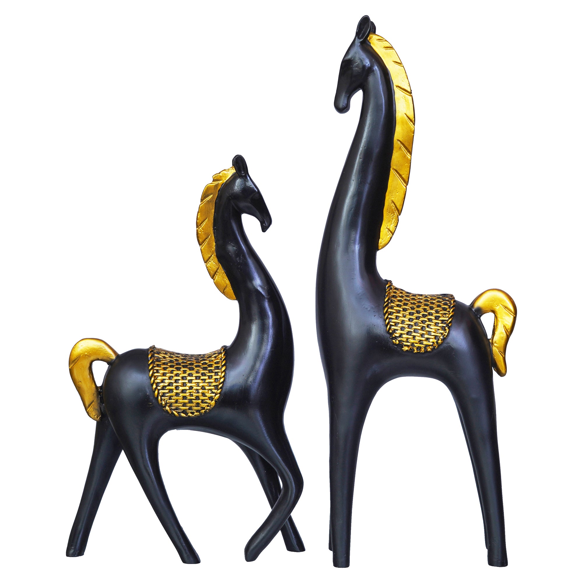 Set of 2 Black Horse Statues with Golden Hair Decorative Animal Figurines 6