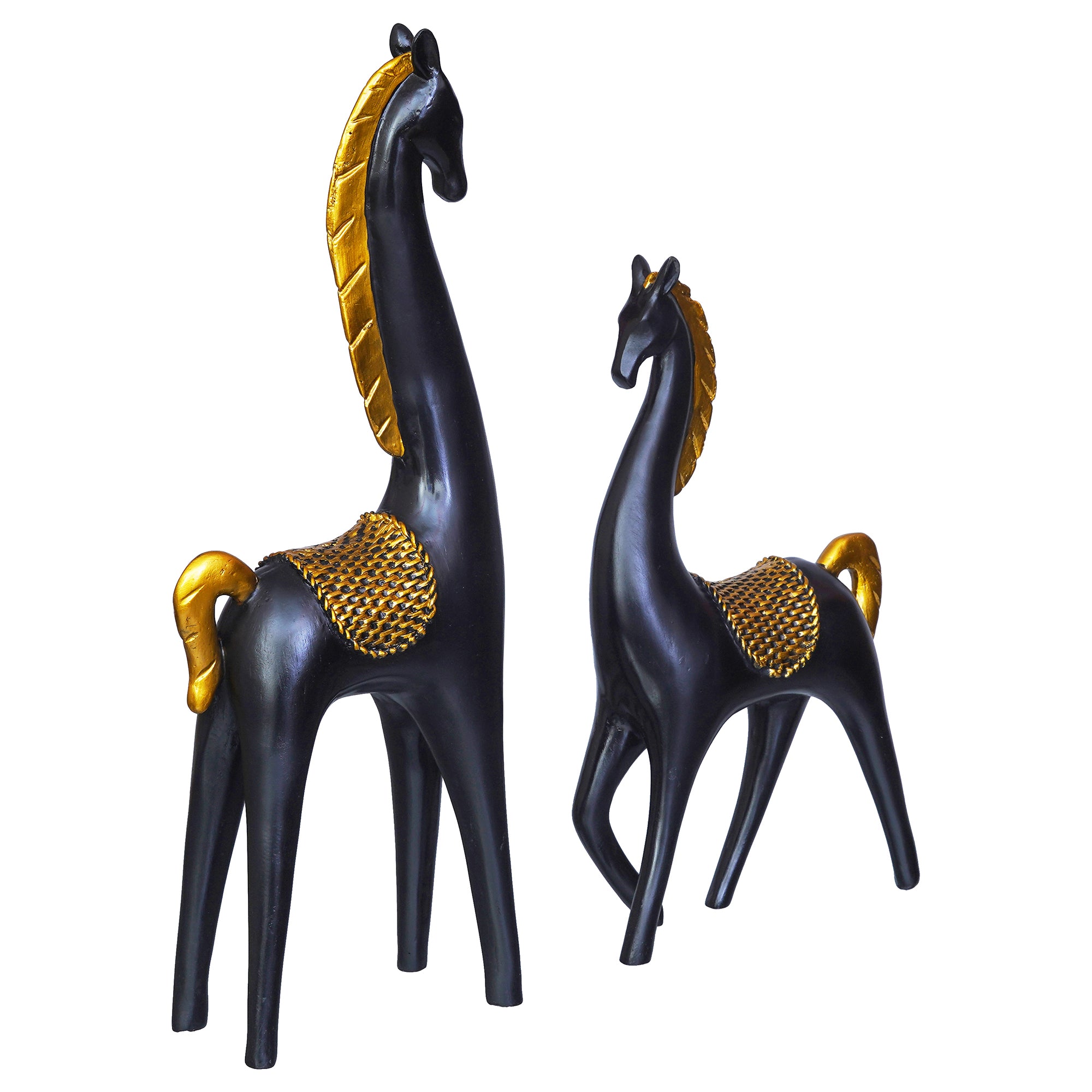Set of 2 Black Horse Statues with Golden Hair Decorative Animal Figurines 7