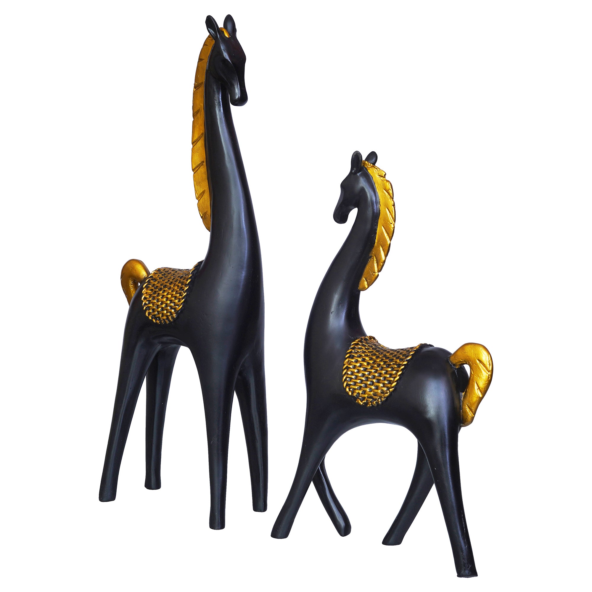 Set of 2 Black Horse Statues with Golden Hair Decorative Animal Figurines 8