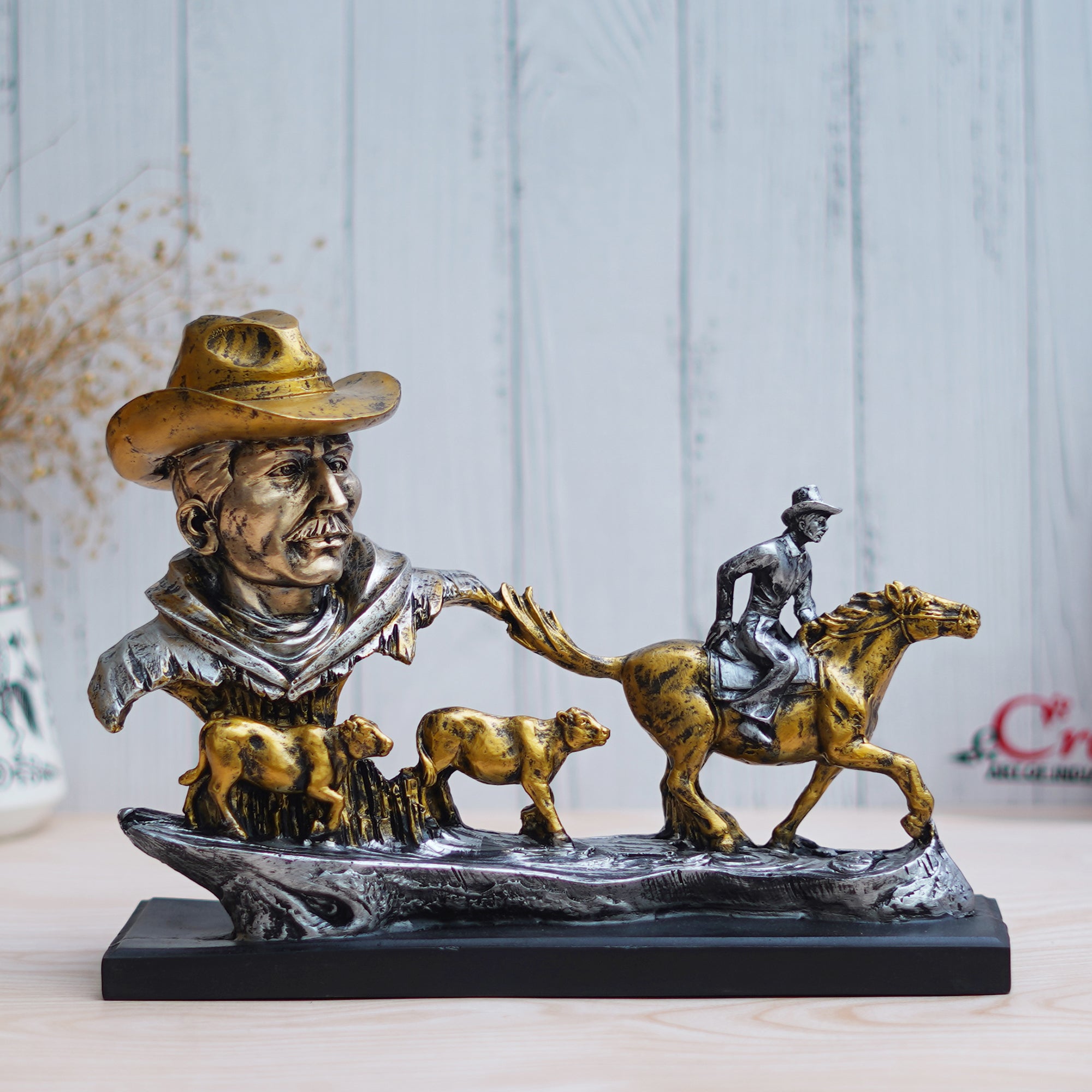 Antique Cowboys Face with Boy Sitting on Running Horse & Cow Statues Decorative Showpiece 1