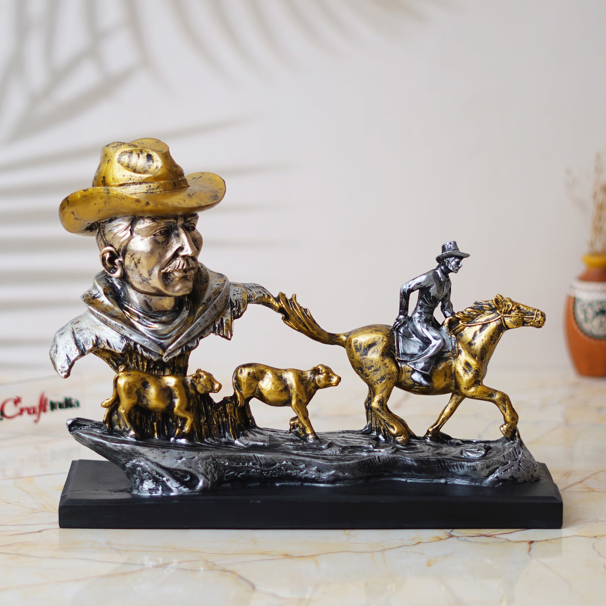 Antique Cowboys Face with Boy Sitting on Running Horse & Cow Statues Decorative Showpiece