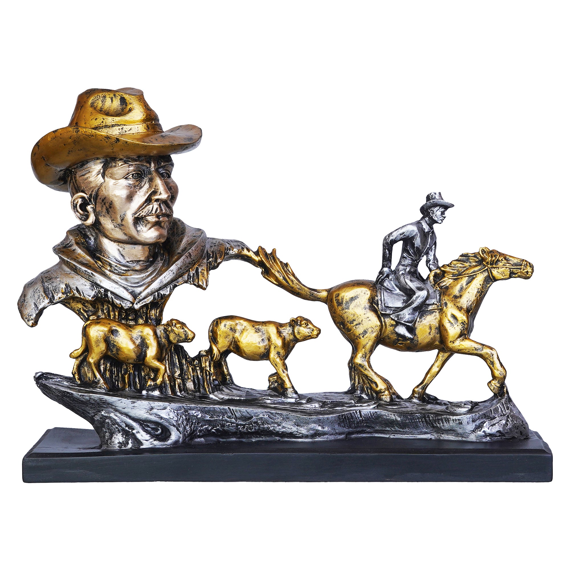 Antique Cowboys Face with Boy Sitting on Running Horse & Cow Statues Decorative Showpiece 2